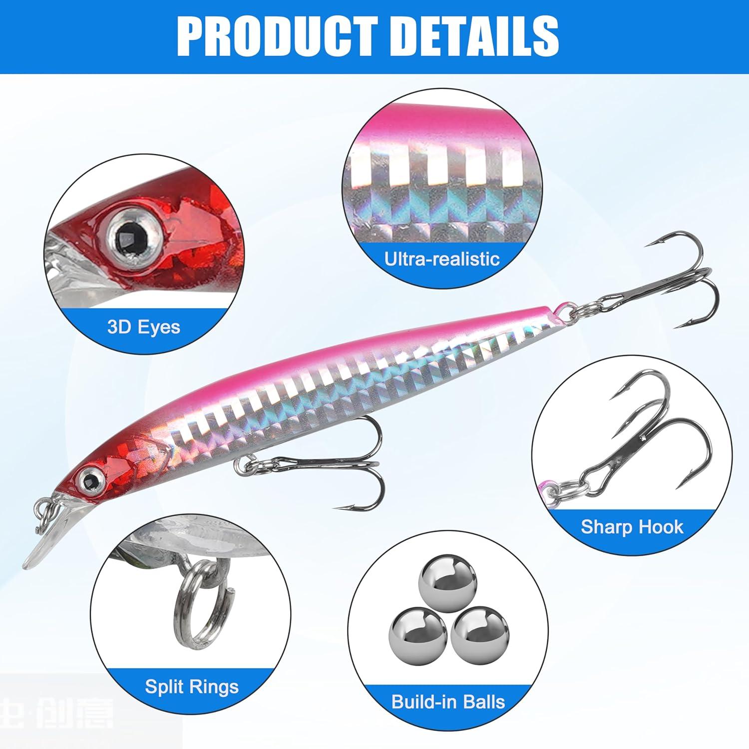 imageOROOTL Minnow Fishing Lures Jerkbaits Bass Lures Kit Lifelike Minnows Hard Floating Jerk Baits for Bass Trout Walleye Redfish Saltwater Freshwater FishingC39in025oz8pcs