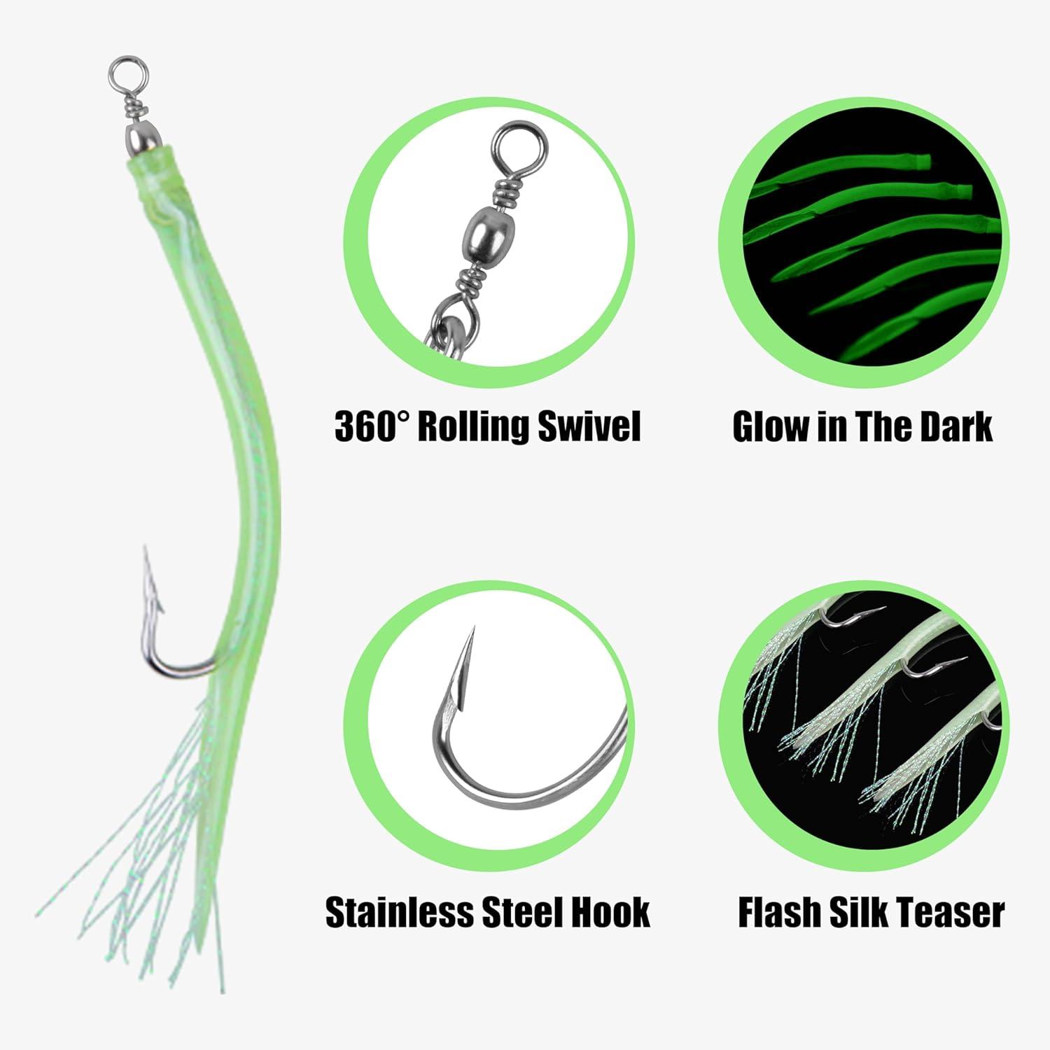 imageOROOTL Striped Bass Tube Lures 10pcs Classic Striped Bass Lures Saltwater Fishing Trolling Lure Rig Glow Tube Teaser with Stainless Steel Hook Barrel Swivel for Offshore Big Game FishingGreenGlow