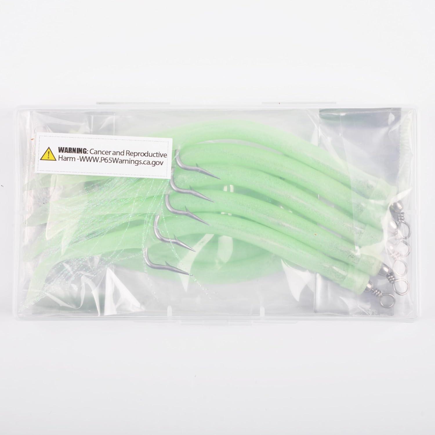 imageOROOTL Striped Bass Tube Lures 10pcs Classic Striped Bass Lures Saltwater Fishing Trolling Lure Rig Glow Tube Teaser with Stainless Steel Hook Barrel Swivel for Offshore Big Game FishingGreenGlow