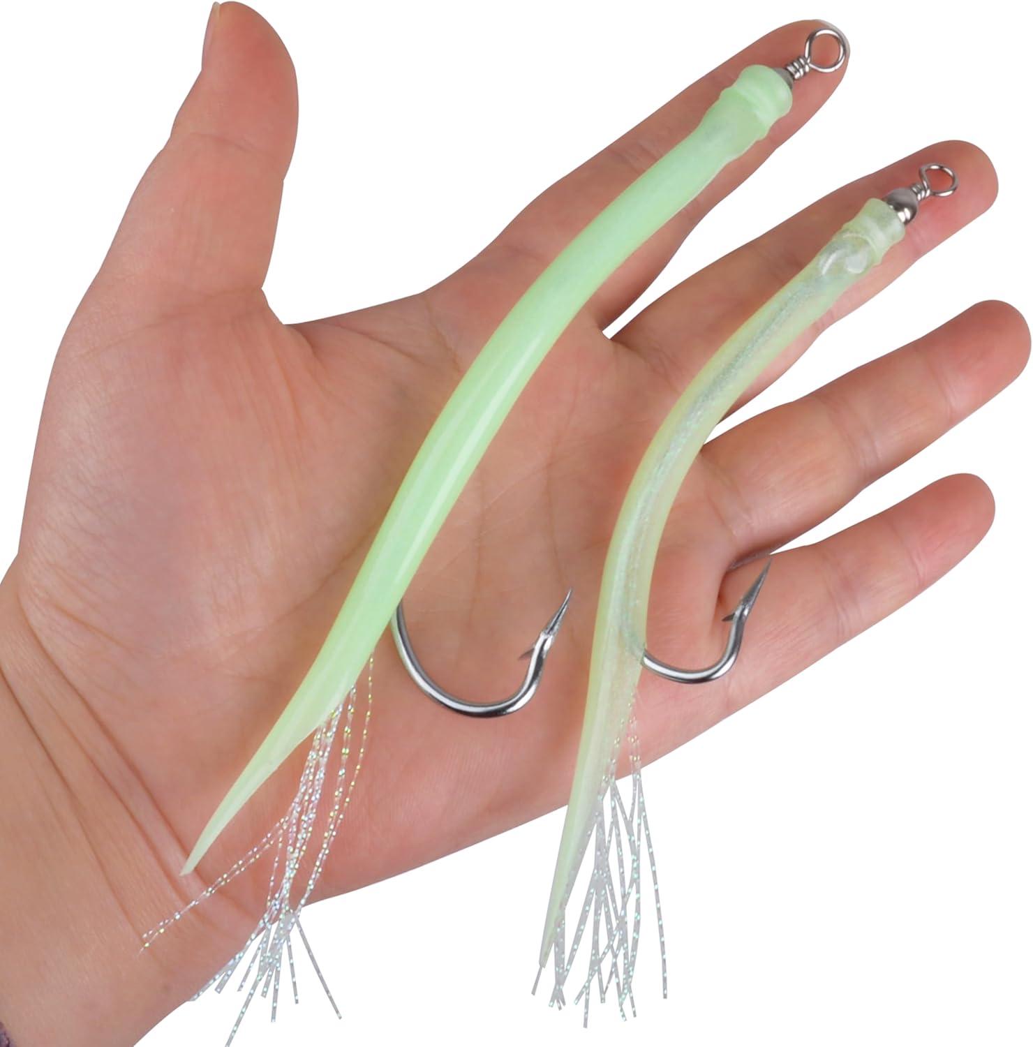 imageOROOTL Striped Bass Tube Lures 10pcs Classic Striped Bass Lures Saltwater Fishing Trolling Lure Rig Glow Tube Teaser with Stainless Steel Hook Barrel Swivel for Offshore Big Game FishingGreenGlow