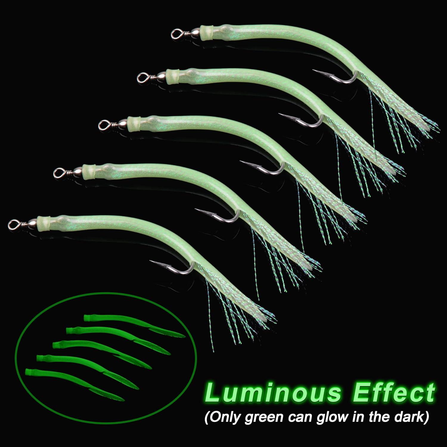 imageOROOTL Striped Bass Tube Lures 10pcs Classic Striped Bass Lures Saltwater Fishing Trolling Lure Rig Glow Tube Teaser with Stainless Steel Hook Barrel Swivel for Offshore Big Game FishingGreenGlow