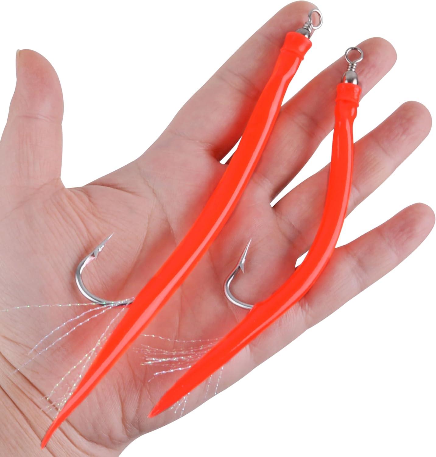 imageOROOTL Striped Bass Tube Lures 10pcs Classic Striped Bass Lures Saltwater Fishing Trolling Lure Rig Glow Tube Teaser with Stainless Steel Hook Barrel Swivel for Offshore Big Game FishingRed