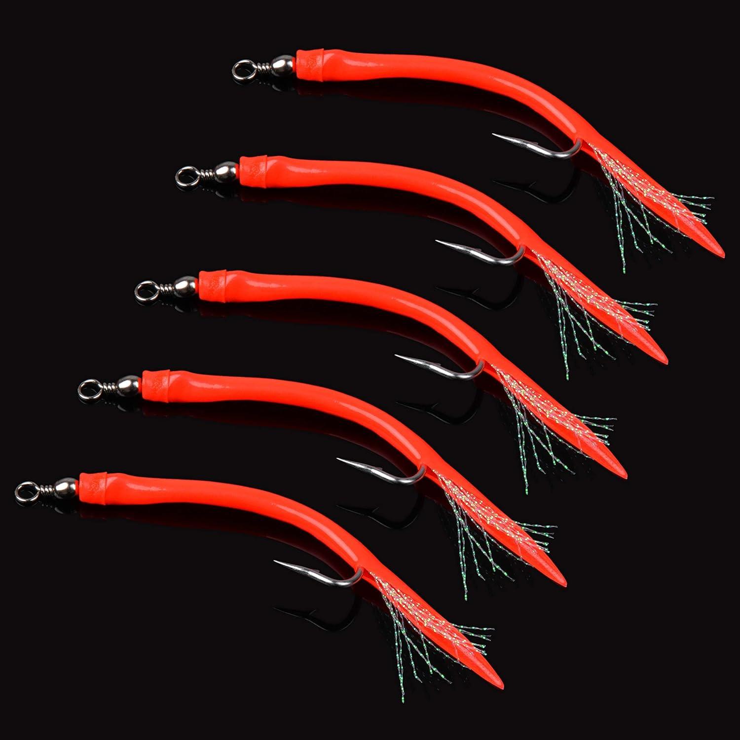 imageOROOTL Striped Bass Tube Lures 10pcs Classic Striped Bass Lures Saltwater Fishing Trolling Lure Rig Glow Tube Teaser with Stainless Steel Hook Barrel Swivel for Offshore Big Game FishingRed