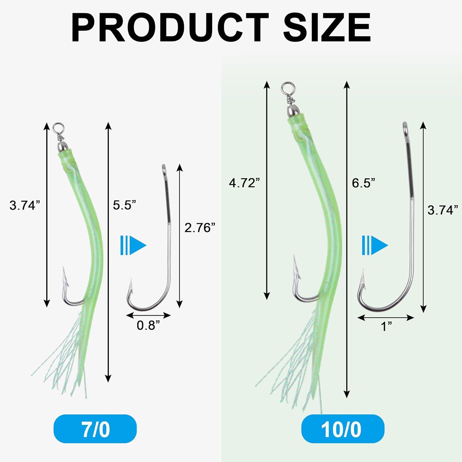 imageOROOTL Striped Bass Tube Lures 10pcs Classic Striped Bass Lures Saltwater Fishing Trolling Lure Rig Glow Tube Teaser with Stainless Steel Hook Barrel Swivel for Offshore Big Game FishingGreenGlow