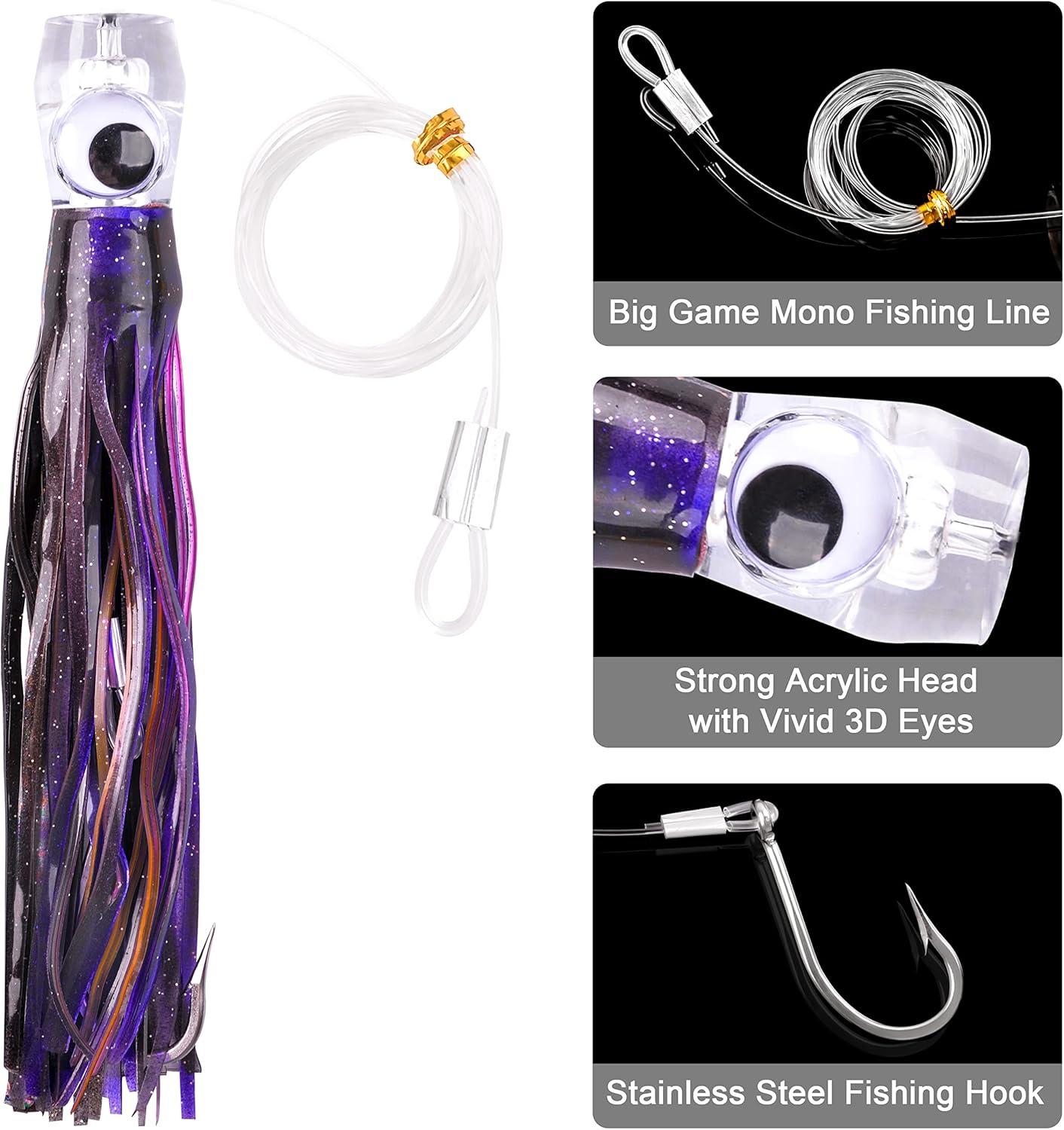 imageSaltwater Fishing Lures 69inch Trolling Lures for Marlin Mahi Tuna Dolphin Shark Big Game Deep Sea Fishing Baits Squid Skirts Rigged Hooks Ocean Gear TacklePurple1pcs