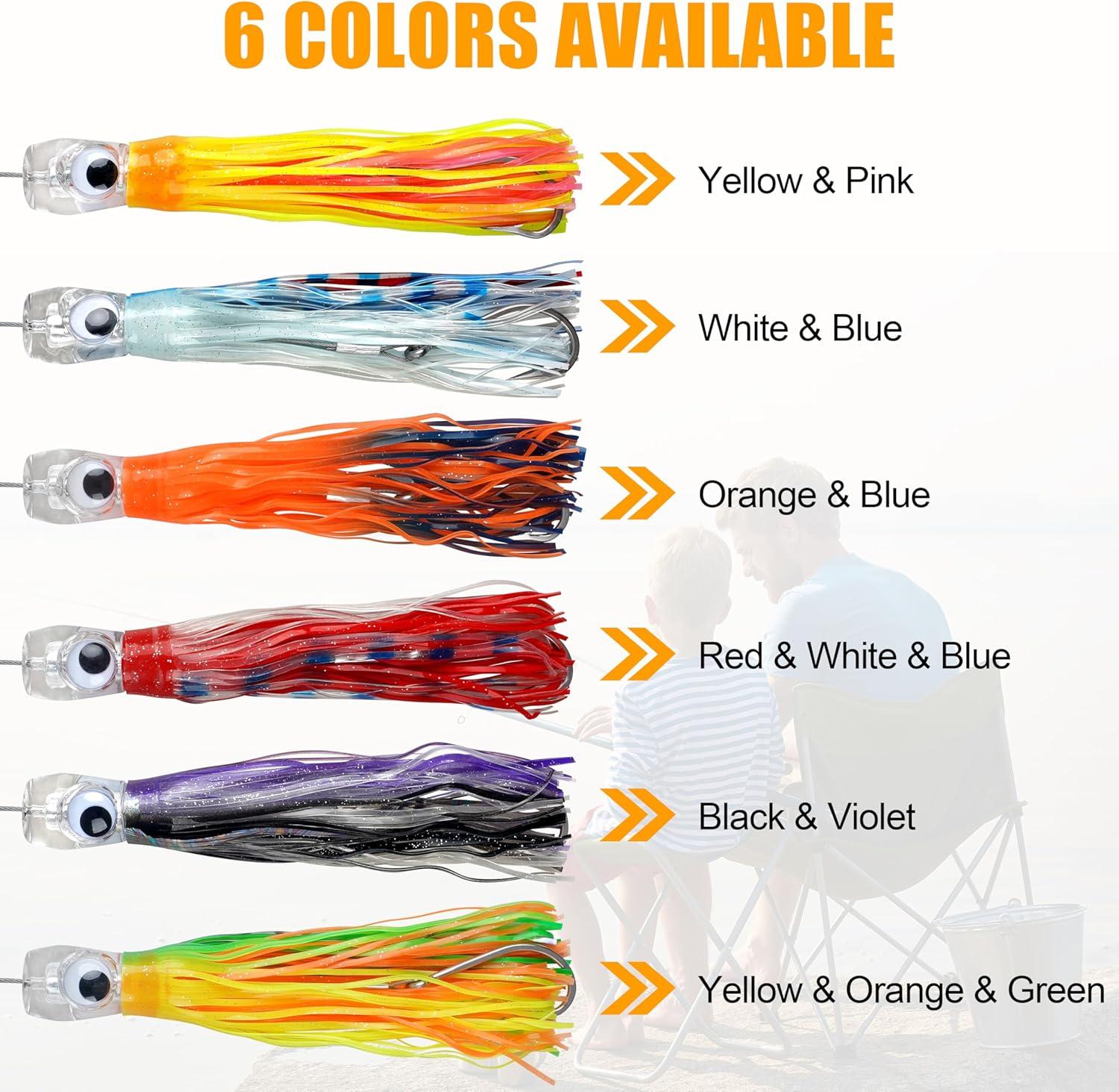 imageSaltwater Fishing Lures 69inch Trolling Lures for Marlin Mahi Tuna Dolphin Shark Big Game Deep Sea Fishing Baits Squid Skirts Rigged Hooks Ocean Gear Tackle6pcs with bag