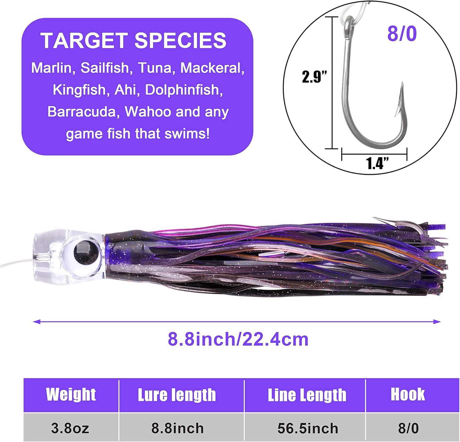 imageSaltwater Fishing Lures 69inch Trolling Lures for Marlin Mahi Tuna Dolphin Shark Big Game Deep Sea Fishing Baits Squid Skirts Rigged Hooks Ocean Gear TacklePurple1pcs