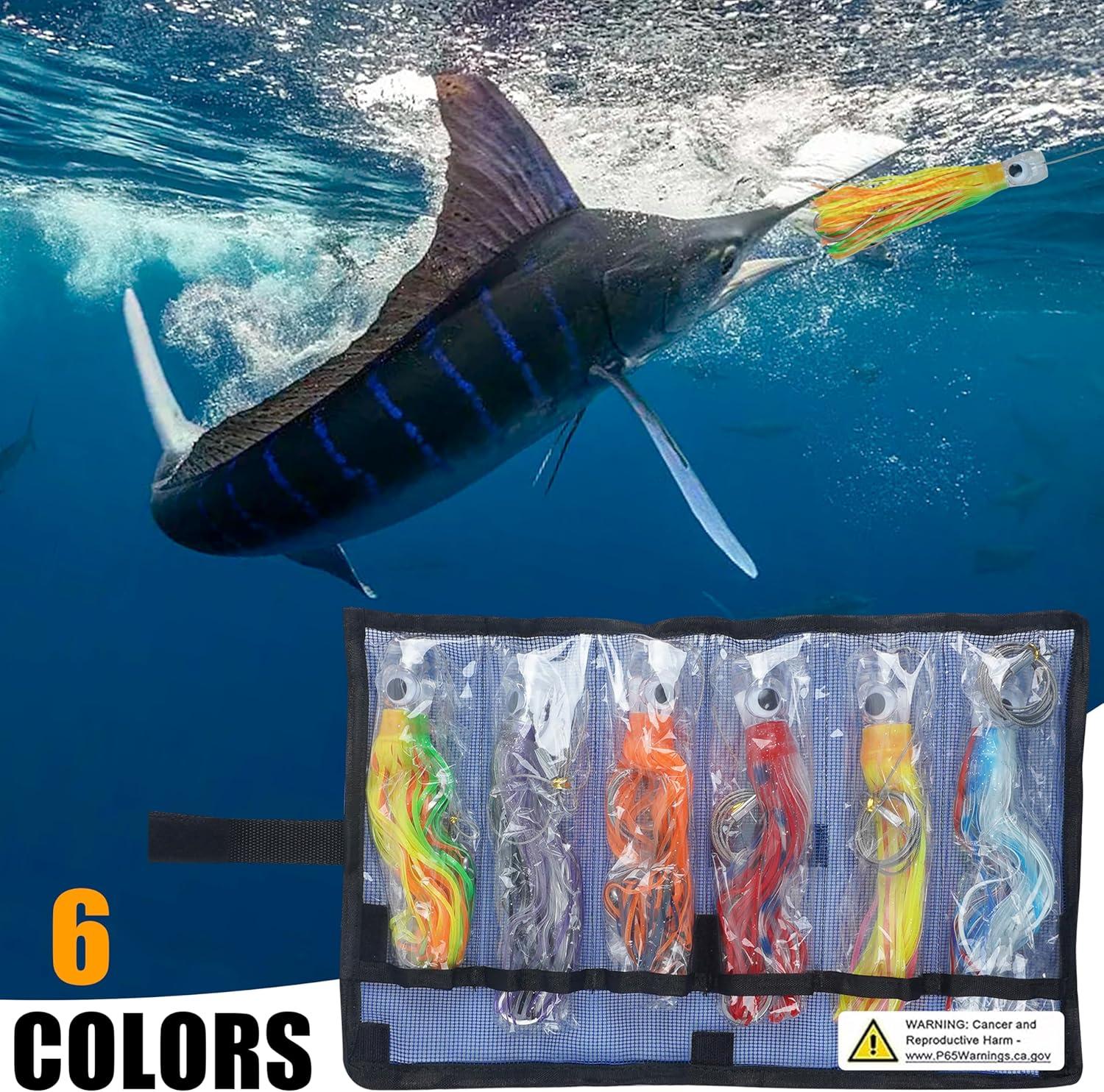 imageSaltwater Fishing Lures 69inch Trolling Lures for Marlin Mahi Tuna Dolphin Shark Big Game Deep Sea Fishing Baits Squid Skirts Rigged Hooks Ocean Gear Tackle6pcs with bag