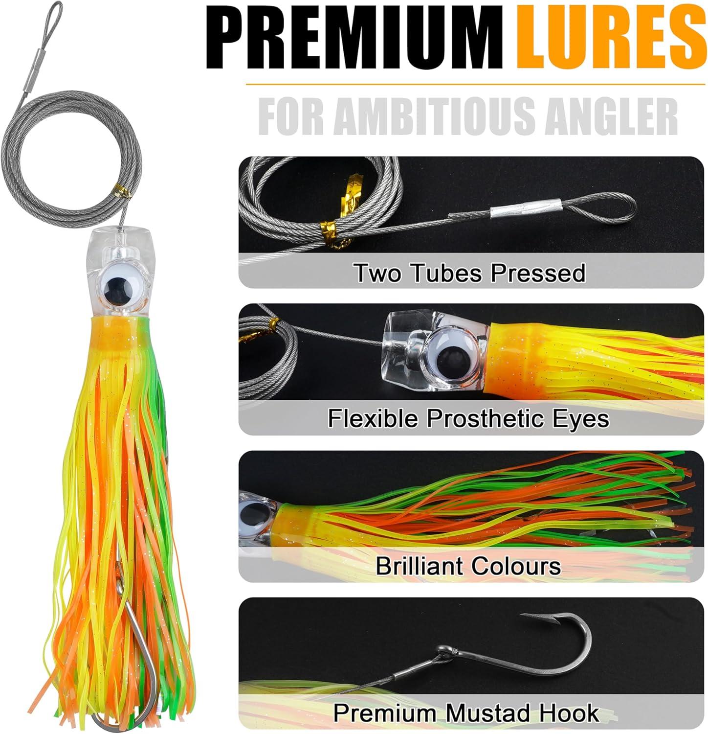imageSaltwater Fishing Lures 69inch Trolling Lures for Marlin Mahi Tuna Dolphin Shark Big Game Deep Sea Fishing Baits Squid Skirts Rigged Hooks Ocean Gear Tackle6pcs with bag