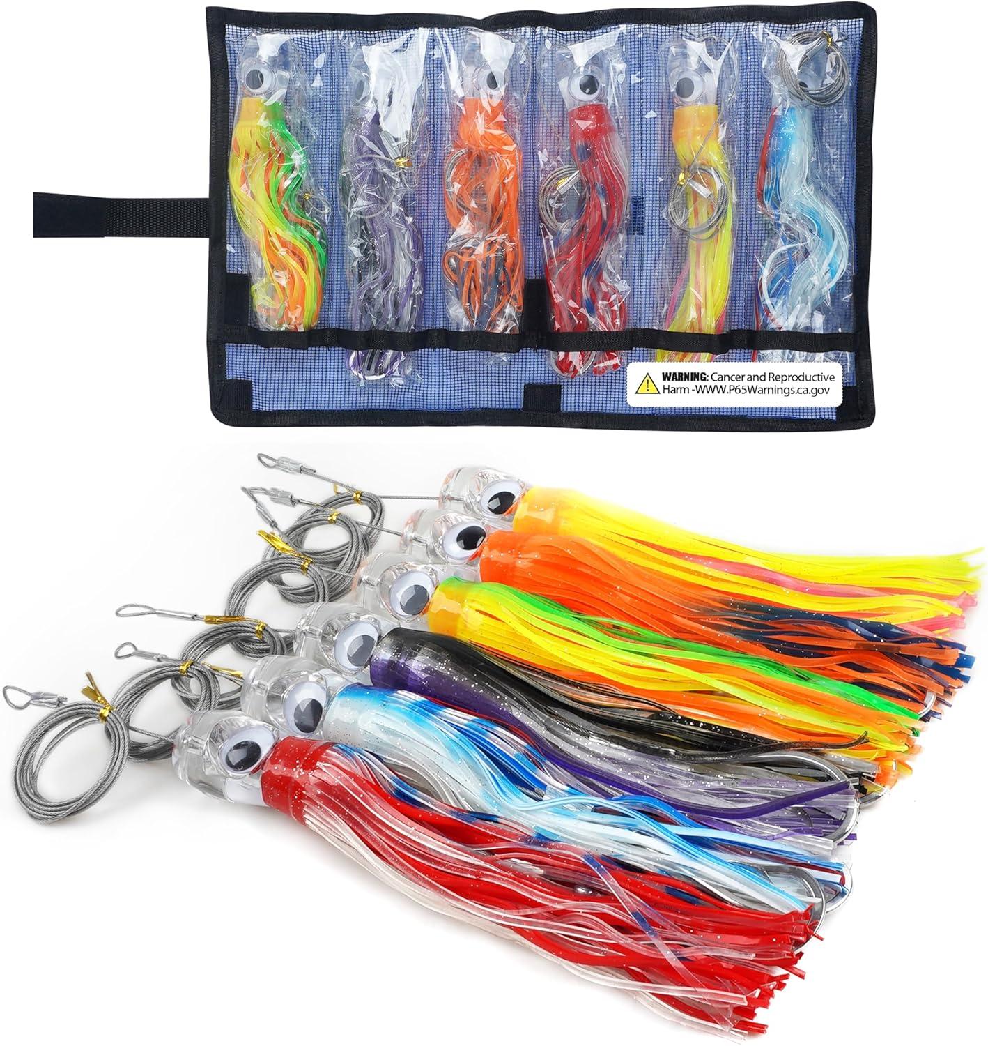 imageSaltwater Fishing Lures 69inch Trolling Lures for Marlin Mahi Tuna Dolphin Shark Big Game Deep Sea Fishing Baits Squid Skirts Rigged Hooks Ocean Gear Tackle6pcs with bag