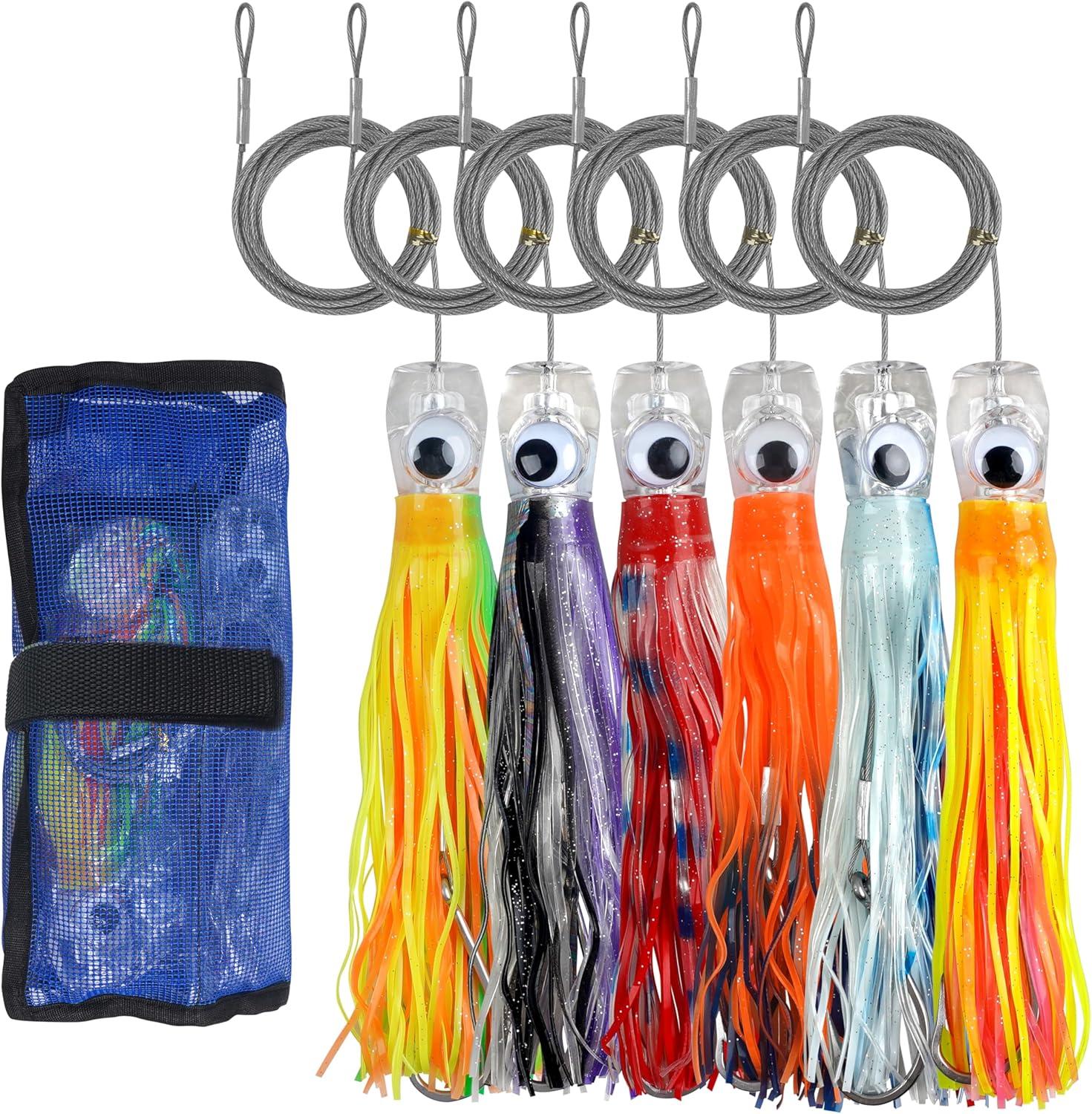 imageSaltwater Fishing Lures 69inch Trolling Lures for Marlin Mahi Tuna Dolphin Shark Big Game Deep Sea Fishing Baits Squid Skirts Rigged Hooks Ocean Gear Tackle6pcs with bag