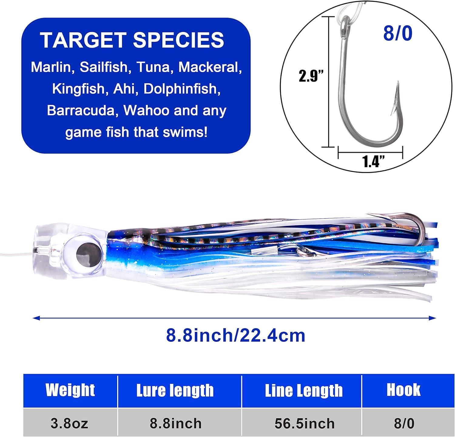 imageSaltwater Fishing Lures 69inch Trolling Lures for Marlin Mahi Tuna Dolphin Shark Big Game Deep Sea Fishing Baits Squid Skirts Rigged Hooks Ocean Gear TackleBlue1pcs