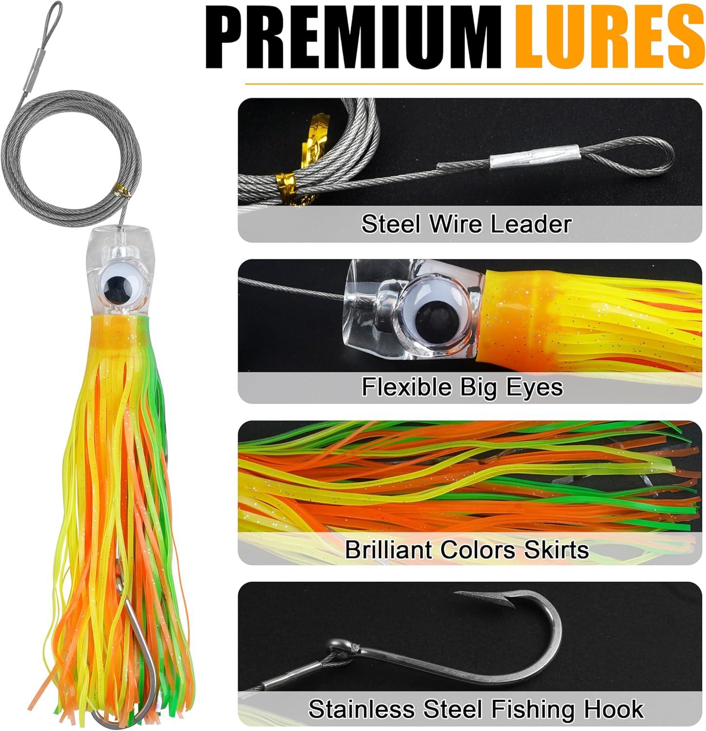 imageSaltwater Fishing Lures 69inch Trolling Lures for Marlin Mahi Tuna Dolphin Shark Big Game Deep Sea Fishing Baits Squid Skirts Rigged Hooks Ocean Gear Tackle6pcs with bag