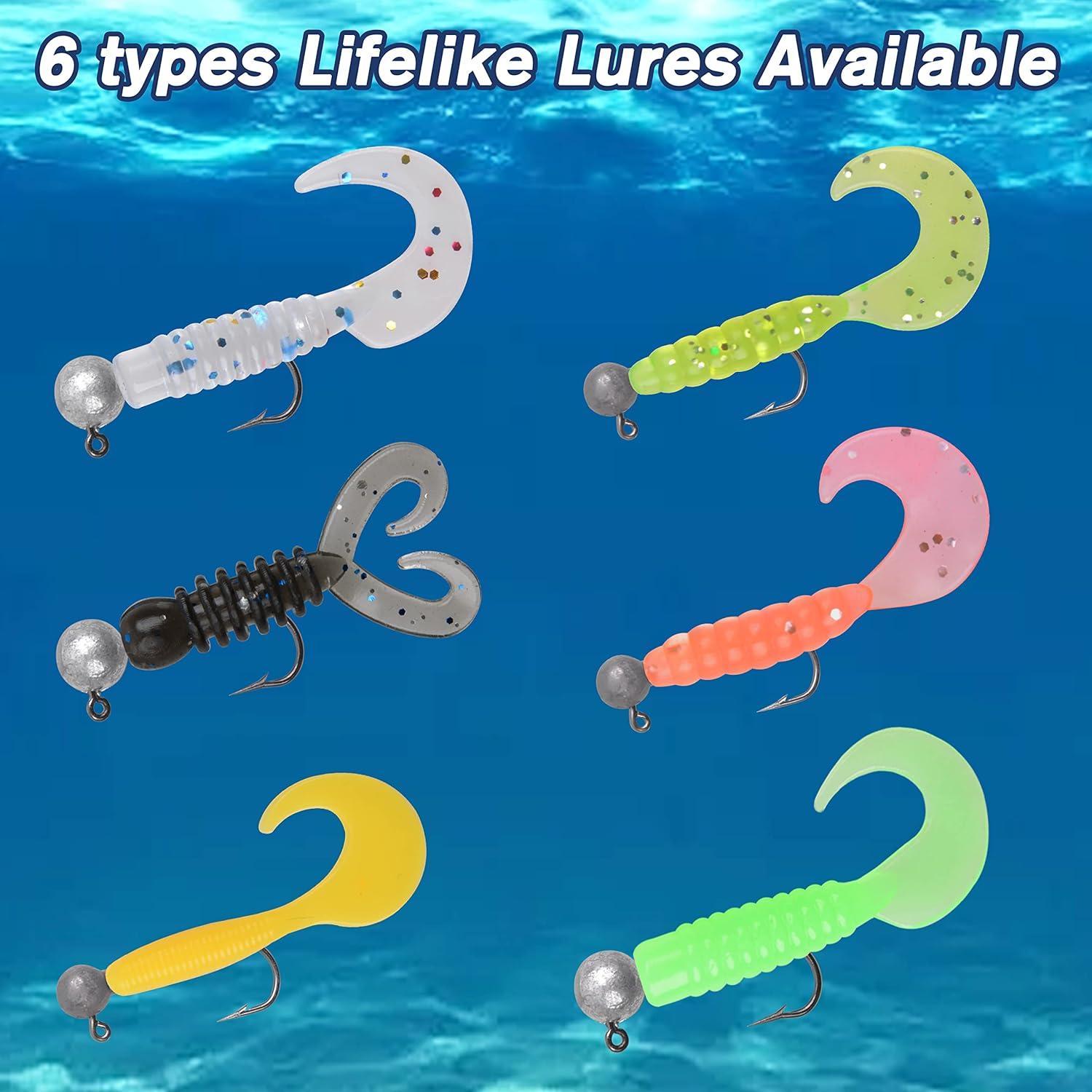 imageSoft Fishing Lures Jig Head Hooks Kit Crappie Jigs Lures Kit Mixed Curly Grub Lures Tube Baits Soft Plastic Swimbaits for Bass Trout Panfish Saltwater Freshwater Fishing48pcs