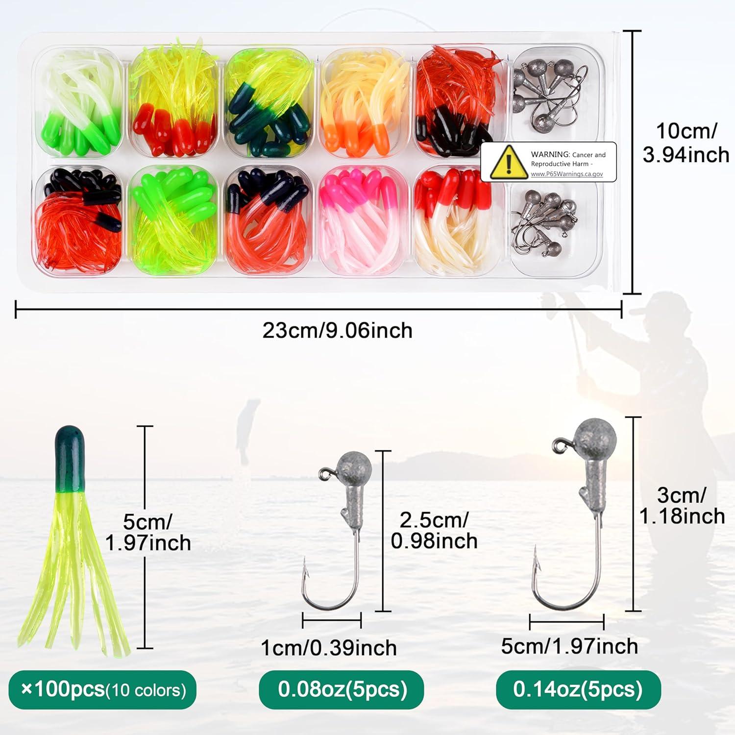 imageSoft Fishing Lures Jig Head Hooks Kit Crappie Jigs Lures Kit Mixed Curly Grub Lures Tube Baits Soft Plastic Swimbaits for Bass Trout Panfish Saltwater Freshwater Fishing110pcs