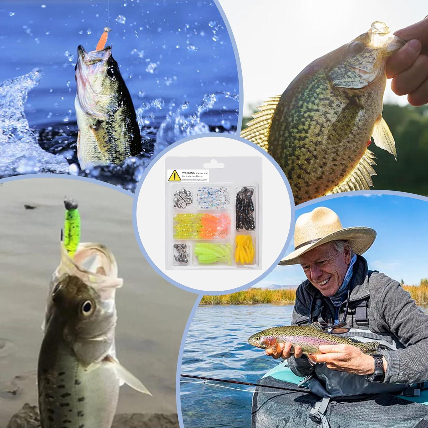 imageSoft Fishing Lures Jig Head Hooks Kit Crappie Jigs Lures Kit Mixed Curly Grub Lures Tube Baits Soft Plastic Swimbaits for Bass Trout Panfish Saltwater Freshwater Fishing48pcs