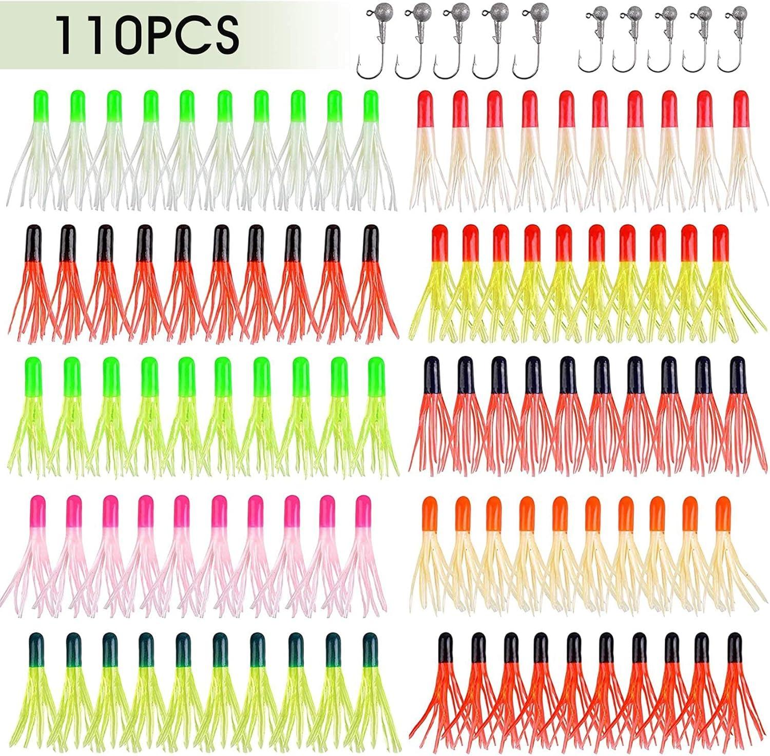 imageSoft Fishing Lures Jig Head Hooks Kit Crappie Jigs Lures Kit Mixed Curly Grub Lures Tube Baits Soft Plastic Swimbaits for Bass Trout Panfish Saltwater Freshwater Fishing110pcs