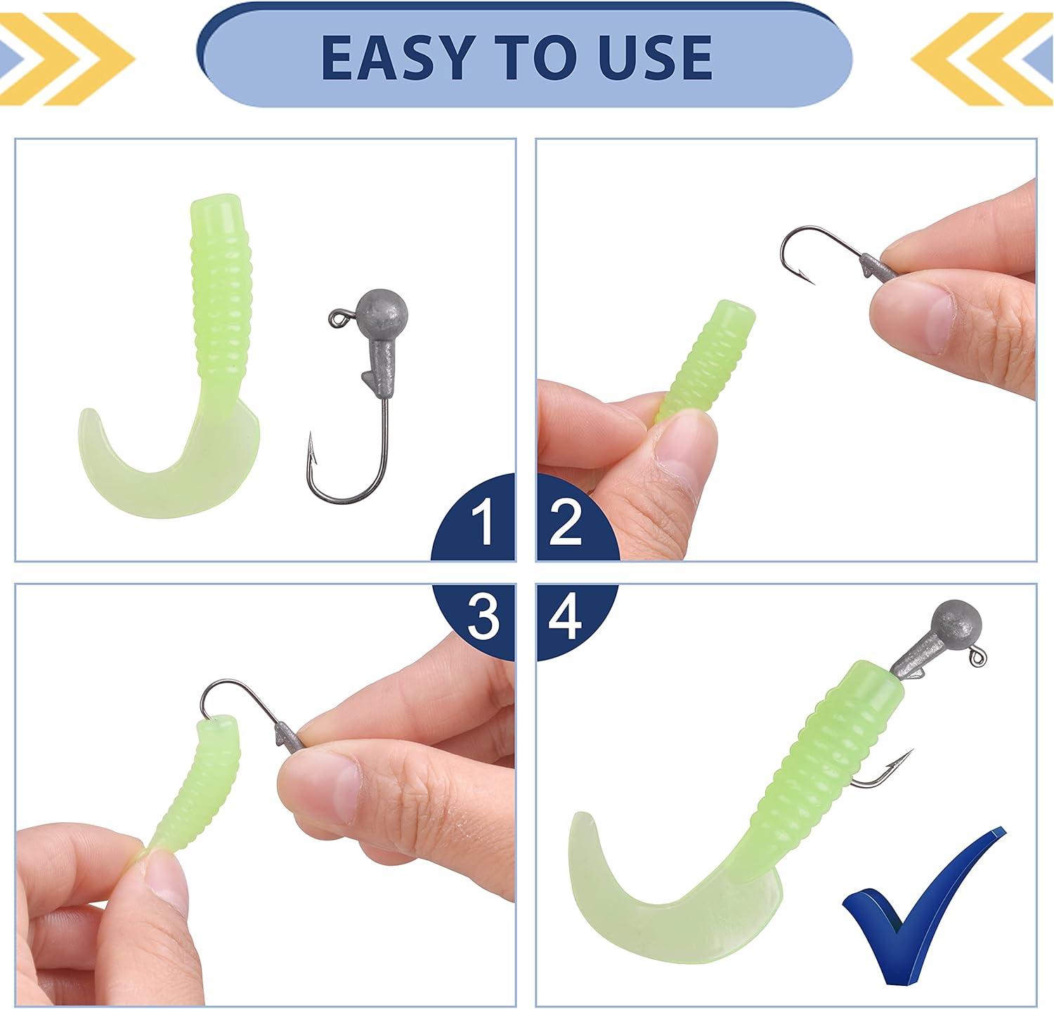 imageSoft Fishing Lures Jig Head Hooks Kit Crappie Jigs Lures Kit Mixed Curly Grub Lures Tube Baits Soft Plastic Swimbaits for Bass Trout Panfish Saltwater Freshwater Fishing48pcs