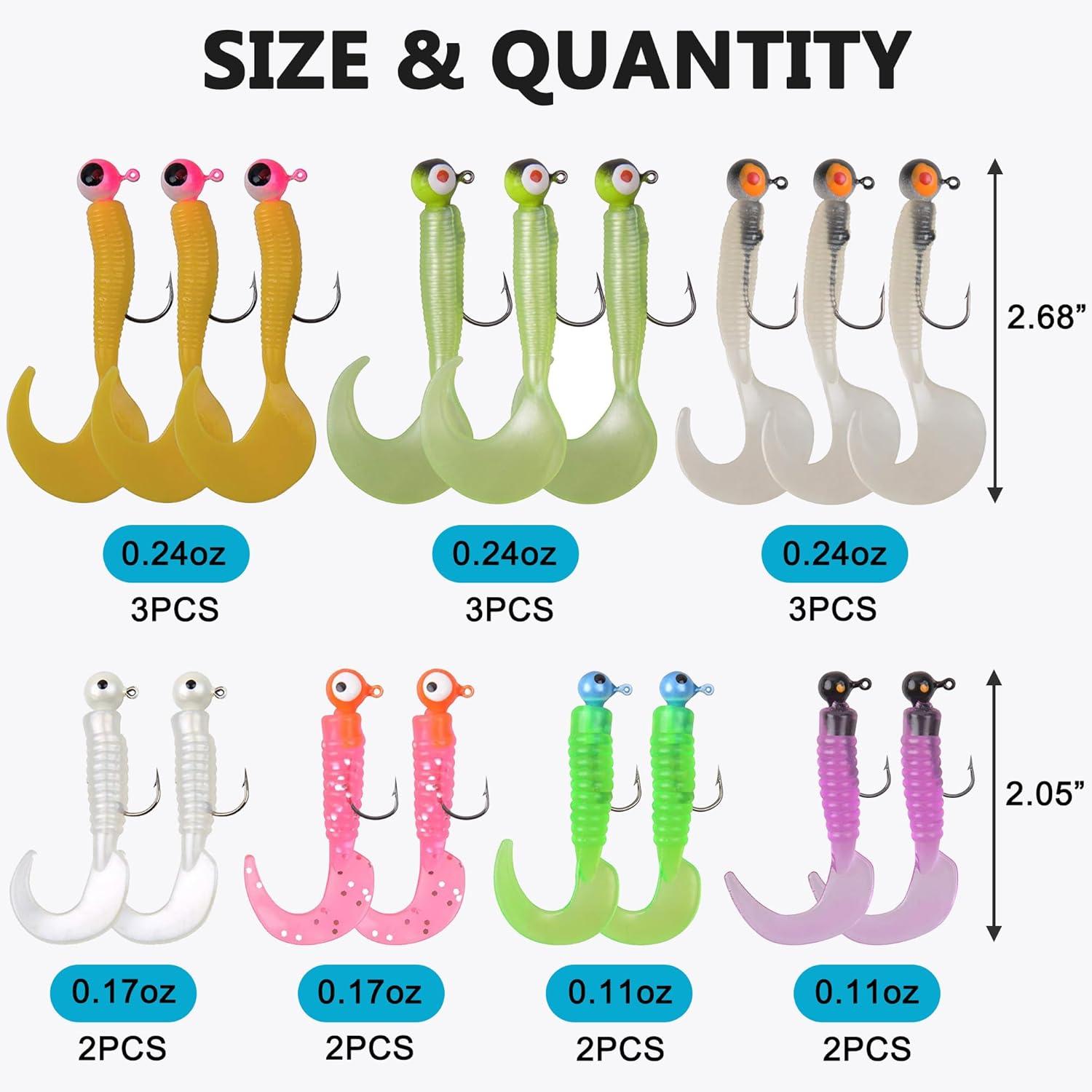 imageSoft Fishing Lures Jig Head Hooks Kit Crappie Jigs Lures Kit Mixed Curly Grub Lures Tube Baits Soft Plastic Swimbaits for Bass Trout Panfish Saltwater Freshwater Fishing17pcs