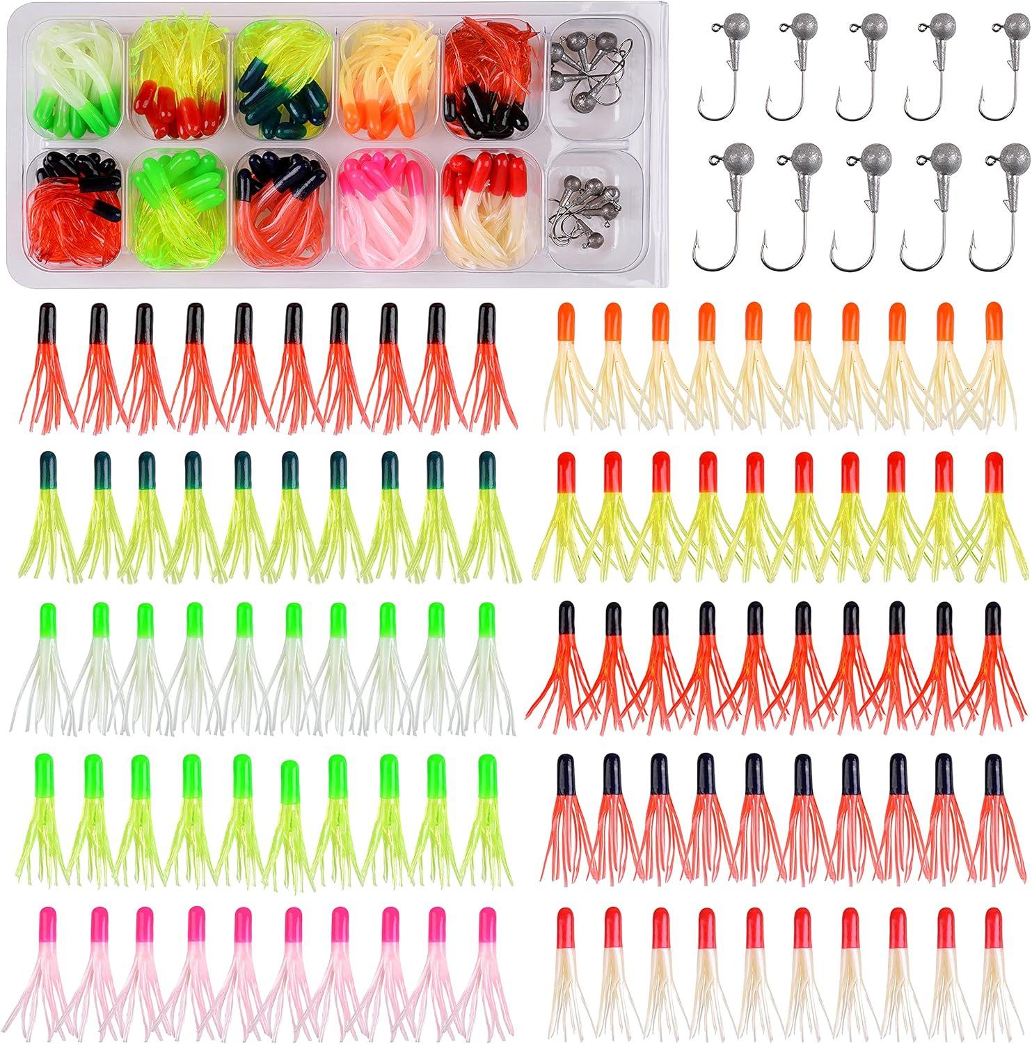 imageSoft Fishing Lures Jig Head Hooks Kit Crappie Jigs Lures Kit Mixed Curly Grub Lures Tube Baits Soft Plastic Swimbaits for Bass Trout Panfish Saltwater Freshwater Fishing110pcs