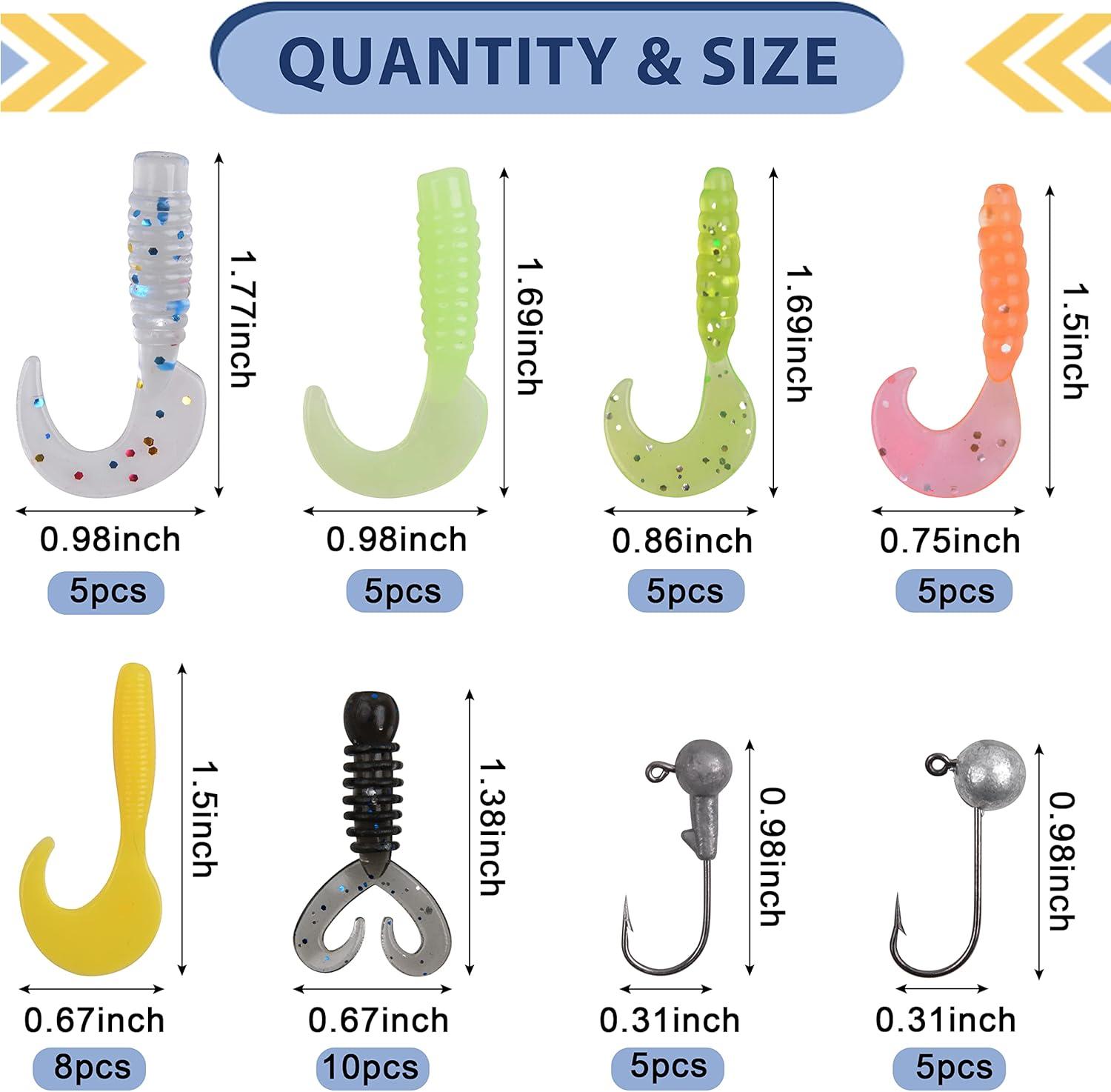 imageSoft Fishing Lures Jig Head Hooks Kit Crappie Jigs Lures Kit Mixed Curly Grub Lures Tube Baits Soft Plastic Swimbaits for Bass Trout Panfish Saltwater Freshwater Fishing48pcs