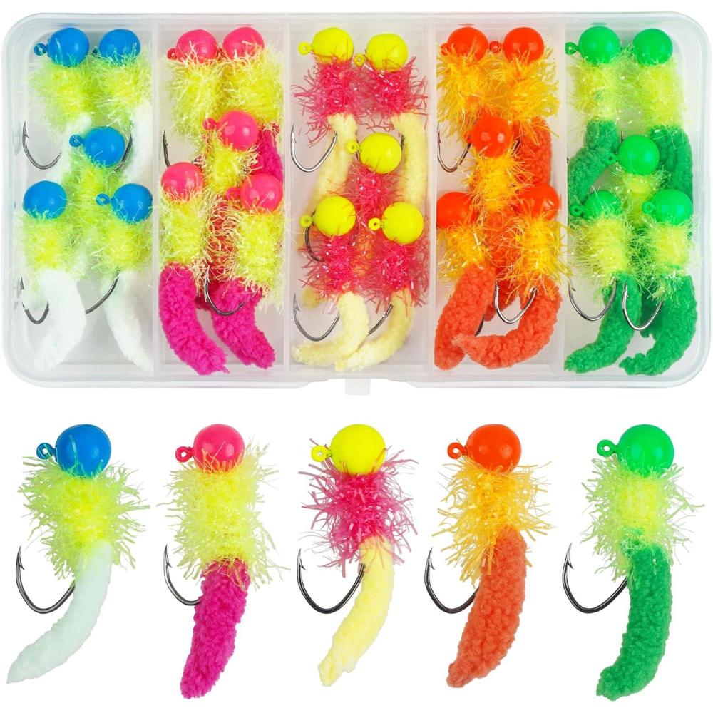 imageCrappie Jigs Fishing Lures Kit 25pcs Marabou Jig Heads with Maggot Tail Marabou Feather Jigs for Bass Crappie Trout Panfish Sunfish Fishing 18oz