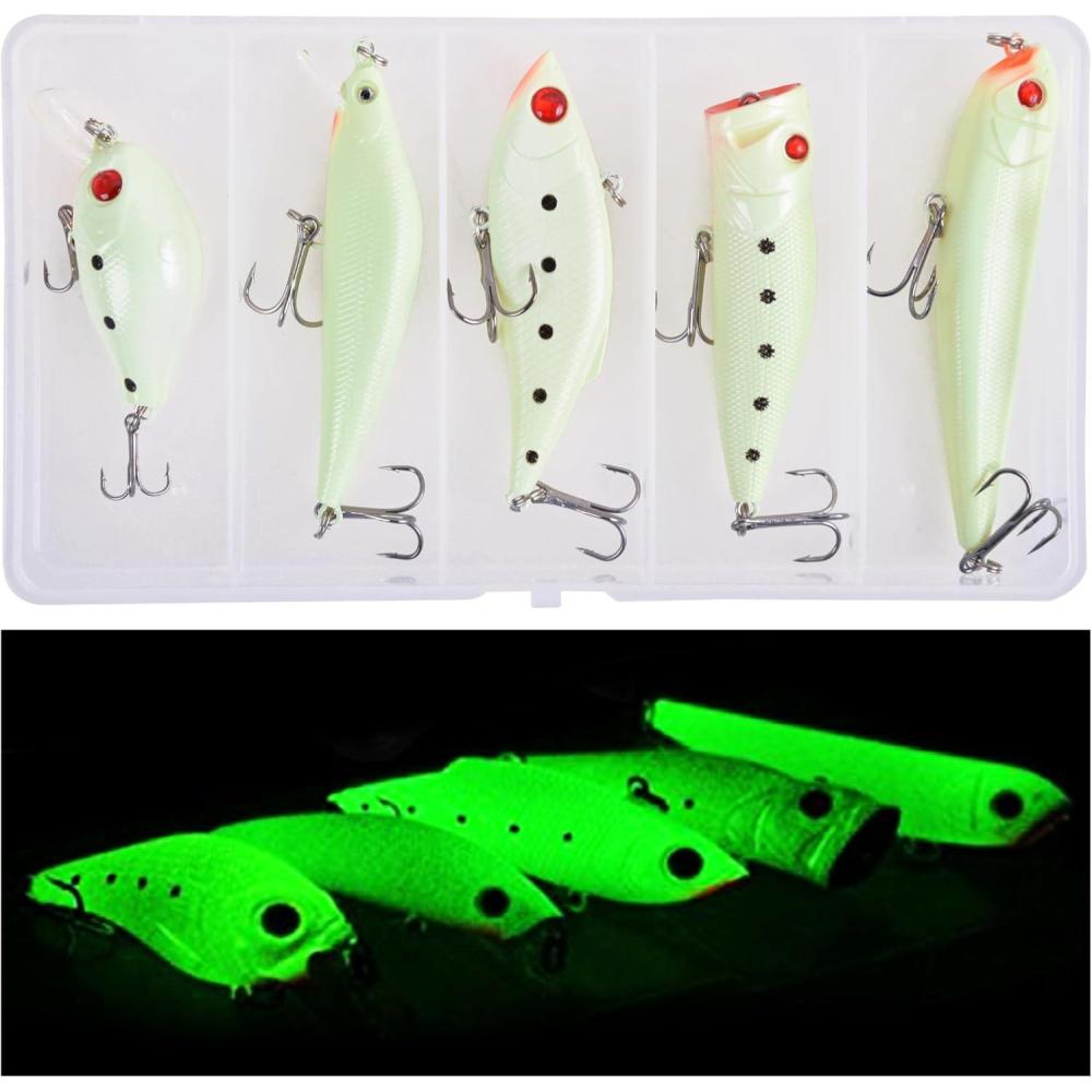 imageGlow Fishing Lures Kit Luminous VIB Popper Crank Minnow Pencil for Night Fishing Glow in The Dark Artificial Hard Baits with Treble Hook for Bass Trout Catfish Saltwater Freshwater