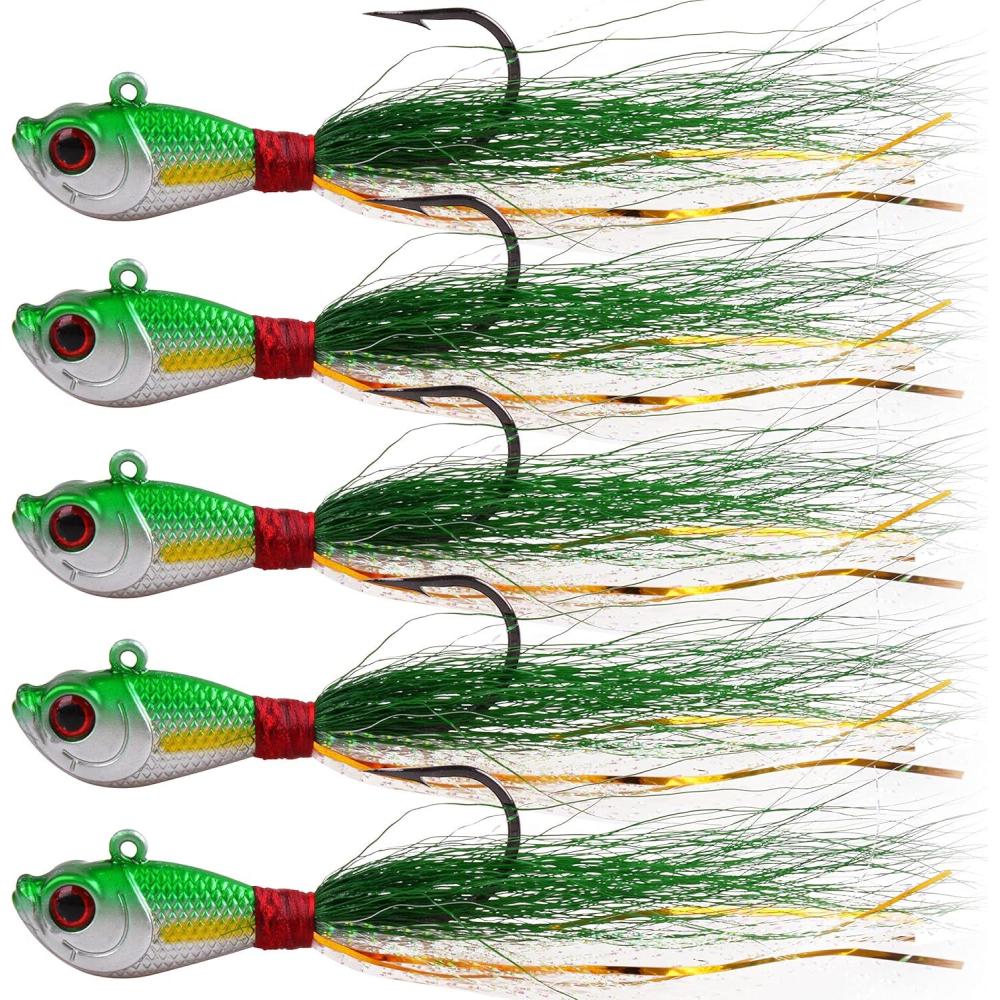 imageOROOTL Bucktail Jigs Saltwater Hair Jigs 5 Pack Bucktail Lures Surf Fishing Jig Heads for Bass Flounder Striper Bluefish Halibut Redfish Saltwater Freshwater 14oz2ozGreenWhite