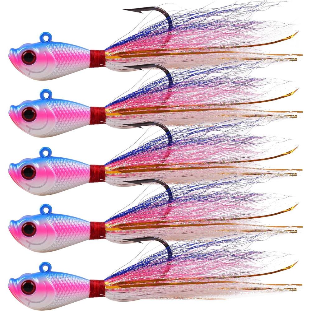 imageOROOTL Bucktail Jigs Saltwater Hair Jigs 5 Pack Bucktail Lures Surf Fishing Jig Heads for Bass Flounder Striper Bluefish Halibut Redfish Saltwater Freshwater 14oz2ozPurpleRed