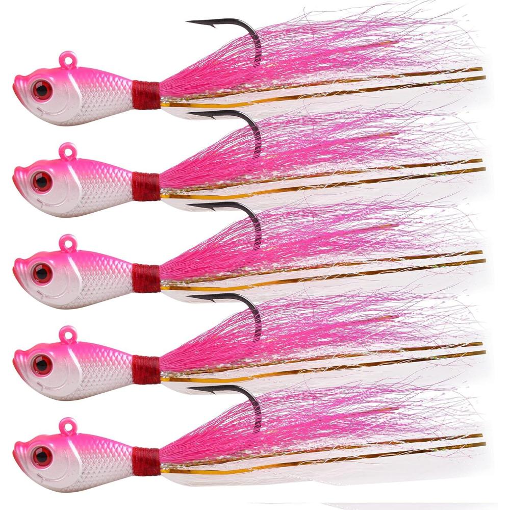 imageOROOTL Bucktail Jigs Saltwater Hair Jigs 5 Pack Bucktail Lures Surf Fishing Jig Heads for Bass Flounder Striper Bluefish Halibut Redfish Saltwater Freshwater 14oz2ozPinkWhite