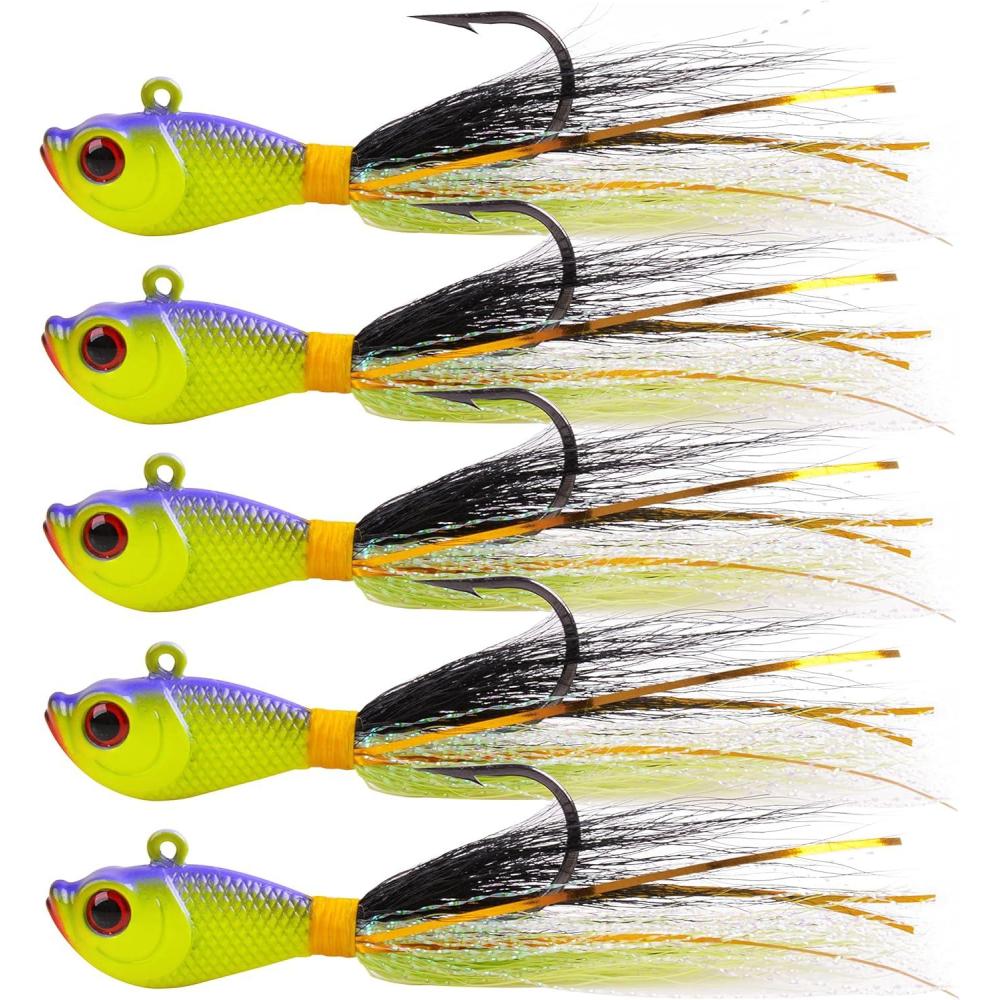 imageOROOTL Bucktail Jigs Saltwater Hair Jigs 5 Pack Bucktail Lures Surf Fishing Jig Heads for Bass Flounder Striper Bluefish Halibut Redfish Saltwater Freshwater 14oz2ozPurpleChartreuse