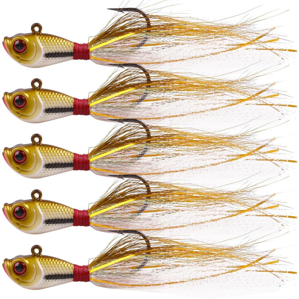 imageOROOTL Bucktail Jigs Saltwater Hair Jigs 5 Pack Bucktail Lures Surf Fishing Jig Heads for Bass Flounder Striper Bluefish Halibut Redfish Saltwater Freshwater 14oz2ozBrownWhite