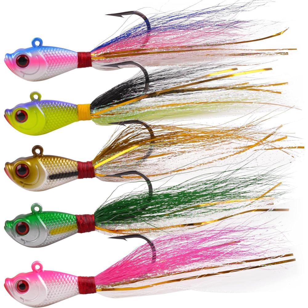 imageOROOTL Bucktail Jigs Saltwater Hair Jigs 5 Pack Bucktail Lures Surf Fishing Jig Heads for Bass Flounder Striper Bluefish Halibut Redfish Saltwater Freshwater 14oz2ozMixed Colors