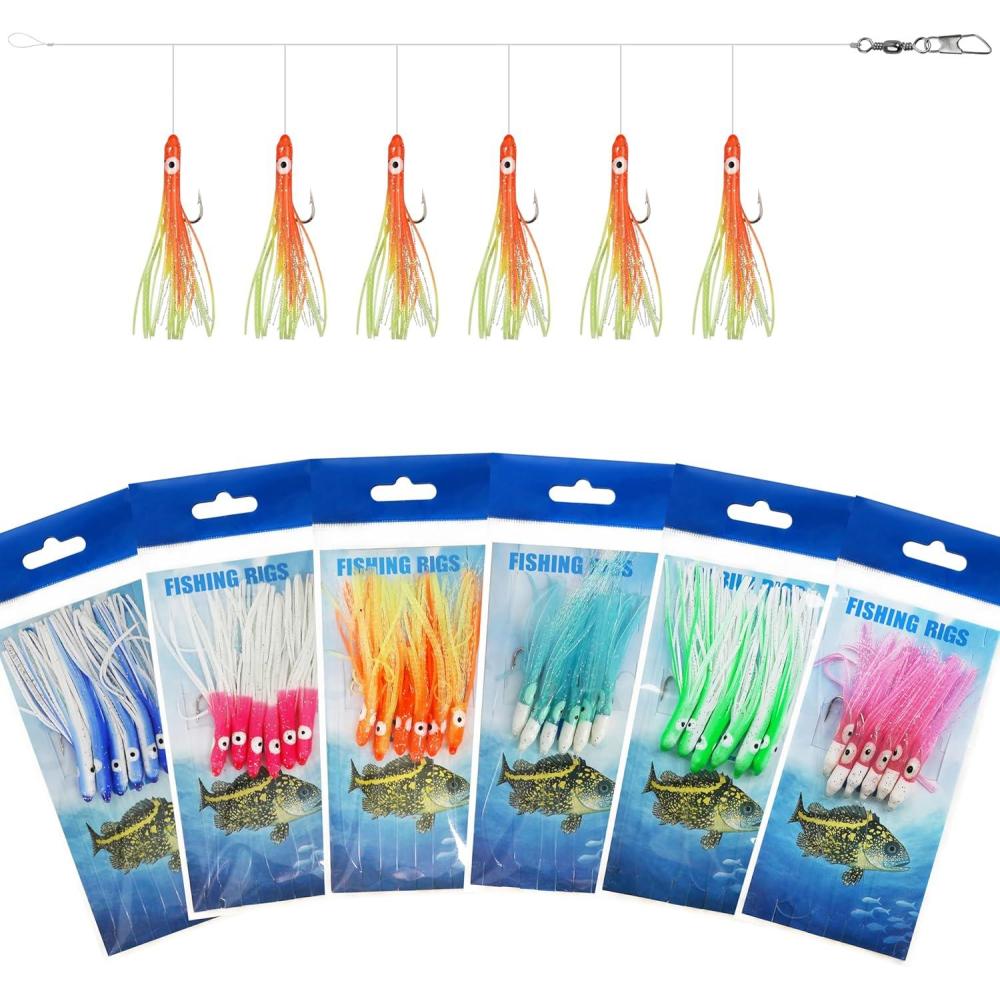 imageOROOTL Fishing Bait Rigs 6 Packs Surf Fishing Rigs Saltwater Lures Kit with Glow Squid Skirts Luminous Octopus Lure Rig Tackle for Freshwater Saltwater