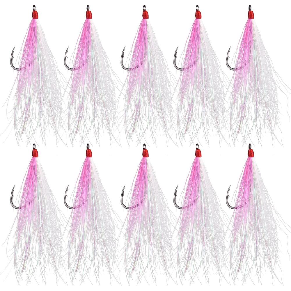 imageOROOTL Fishing Bucktail Teaser Hooks 10pcs Saltwater Fishing Jigs Teaser Lures High Carbon Steel Hooks with Crystal Flash Feather Skirt for Flounder Salmon Trout Sea Bass SteelheadPinkNo Eyes