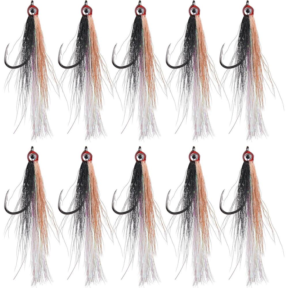 imageOROOTL Fishing Bucktail Teaser Hooks 10pcs Saltwater Fishing Jigs Teaser Lures High Carbon Steel Hooks with Crystal Flash Feather Skirt for Flounder Salmon Trout Sea Bass SteelheadBrownWith Eyes