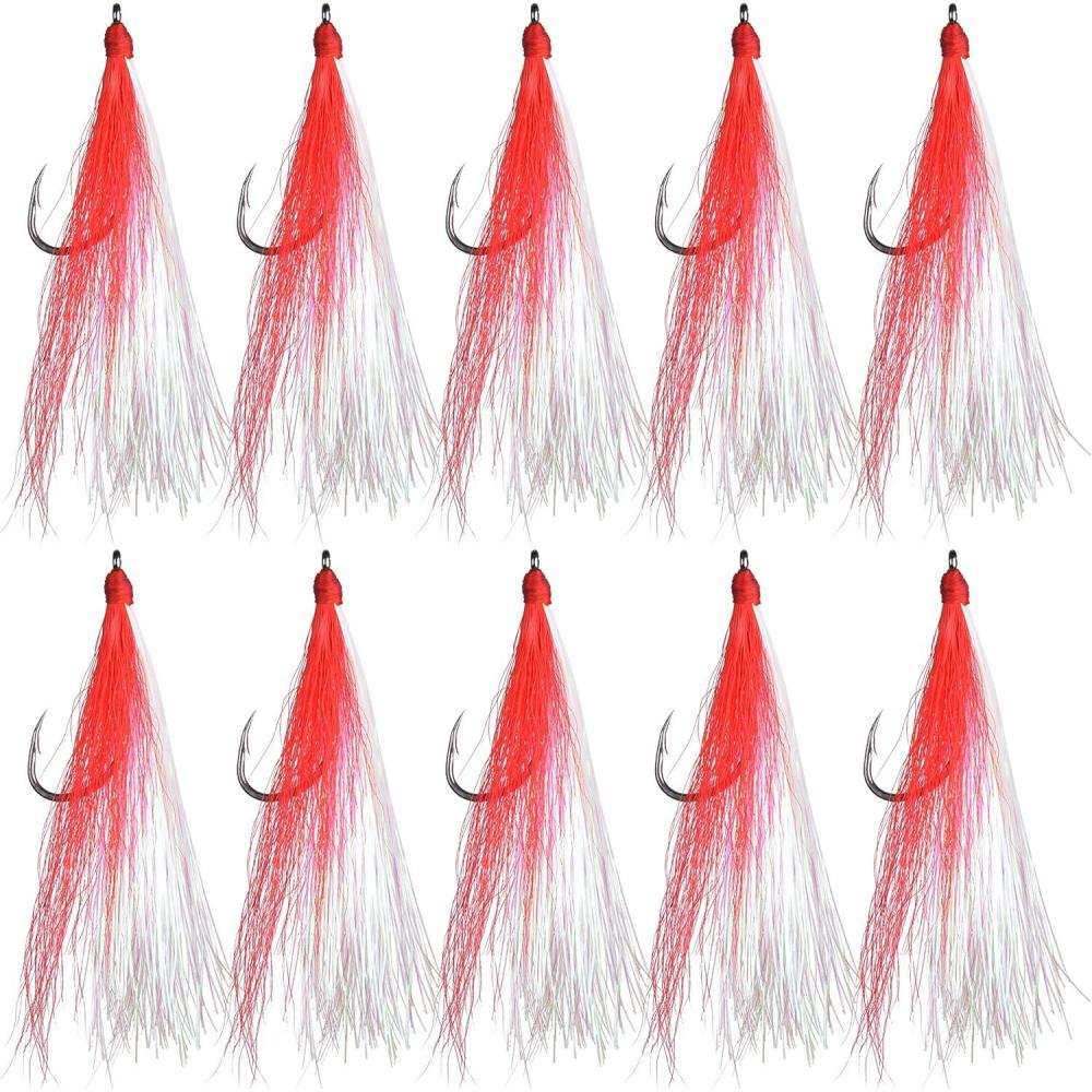 imageOROOTL Fishing Bucktail Teaser Hooks 10pcs Saltwater Fishing Jigs Teaser Lures High Carbon Steel Hooks with Crystal Flash Feather Skirt for Flounder Salmon Trout Sea Bass SteelheadRedNo Eyes