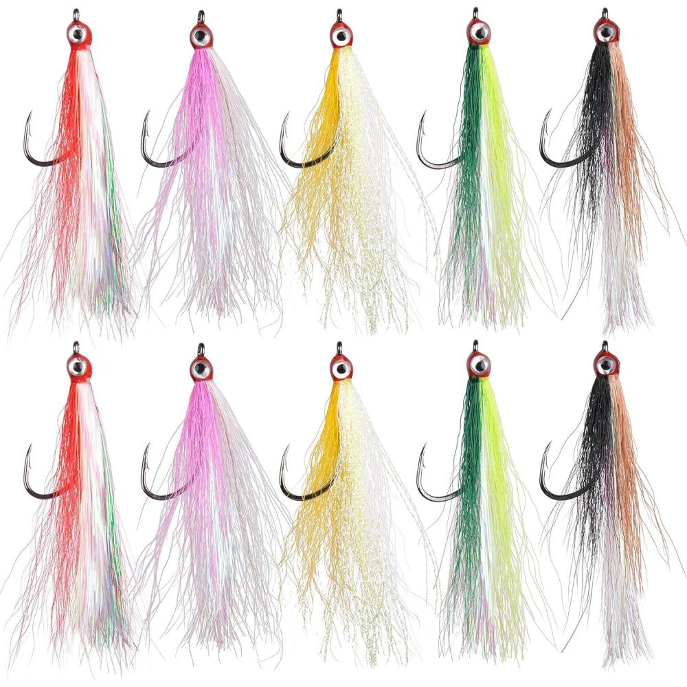 imageOROOTL Fishing Bucktail Teaser Hooks 10pcs Saltwater Fishing Jigs Teaser Lures High Carbon Steel Hooks with Crystal Flash Feather Skirt for Flounder Salmon Trout Sea Bass SteelheadMix ColorsWith Eyes