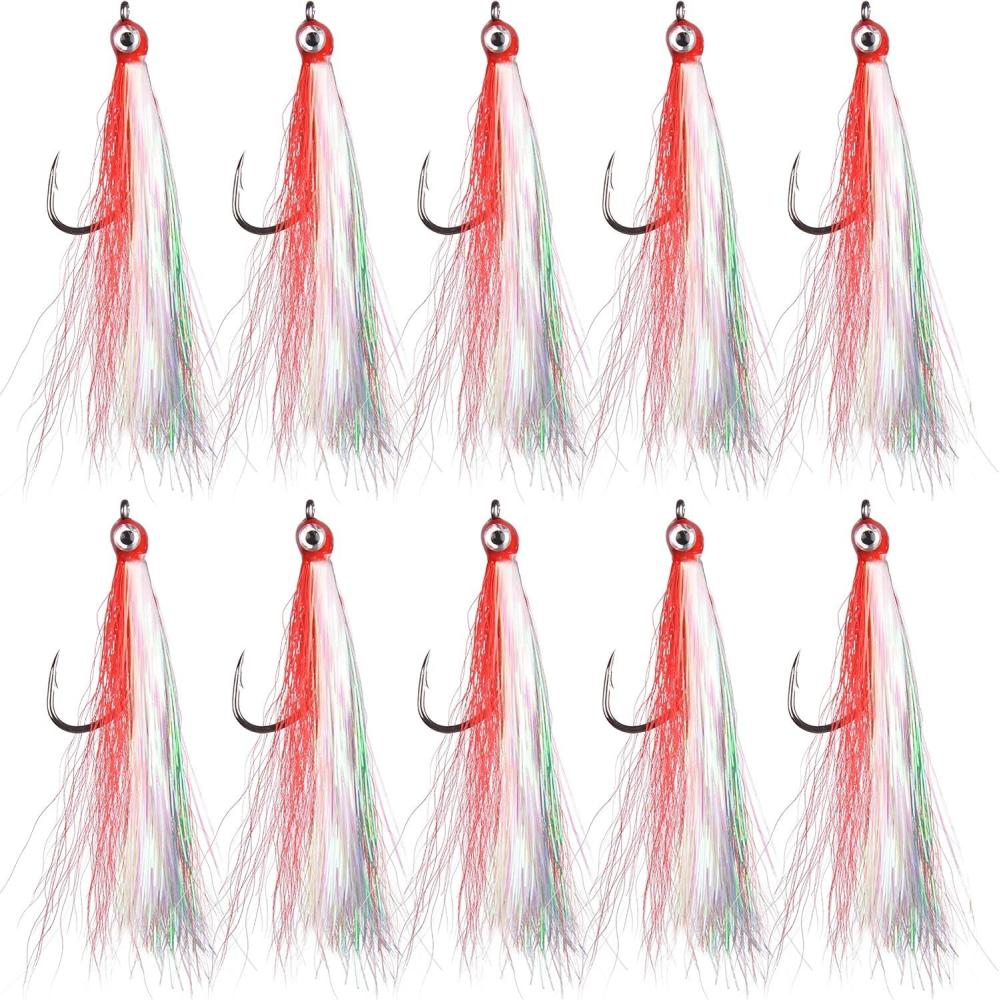 imageOROOTL Fishing Bucktail Teaser Hooks 10pcs Saltwater Fishing Jigs Teaser Lures High Carbon Steel Hooks with Crystal Flash Feather Skirt for Flounder Salmon Trout Sea Bass SteelheadRedWith Eyes