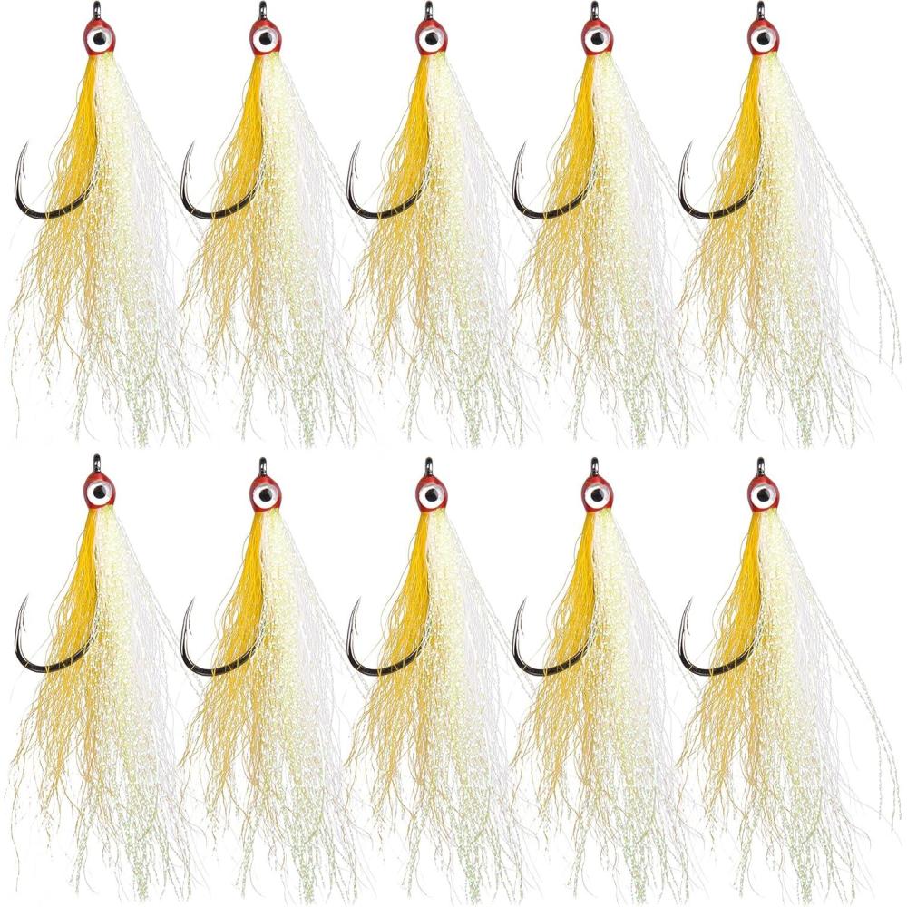 imageOROOTL Fishing Bucktail Teaser Hooks 10pcs Saltwater Fishing Jigs Teaser Lures High Carbon Steel Hooks with Crystal Flash Feather Skirt for Flounder Salmon Trout Sea Bass SteelheadYellowWith Eyes