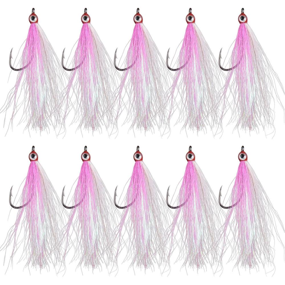 imageOROOTL Fishing Bucktail Teaser Hooks 10pcs Saltwater Fishing Jigs Teaser Lures High Carbon Steel Hooks with Crystal Flash Feather Skirt for Flounder Salmon Trout Sea Bass SteelheadPinkWith Eyes