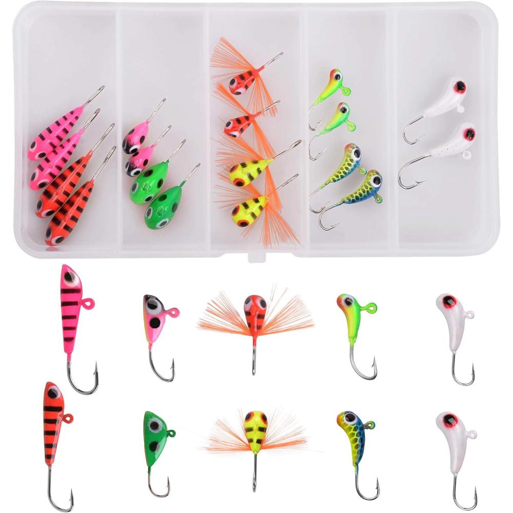 imageOROOTL Ice Fishing Jigs Set 18pcs Ice Fishing Lures Ice Jig Head Hooks Kit for Panfish Crappie Walleye Perch Trout and Bluegill
