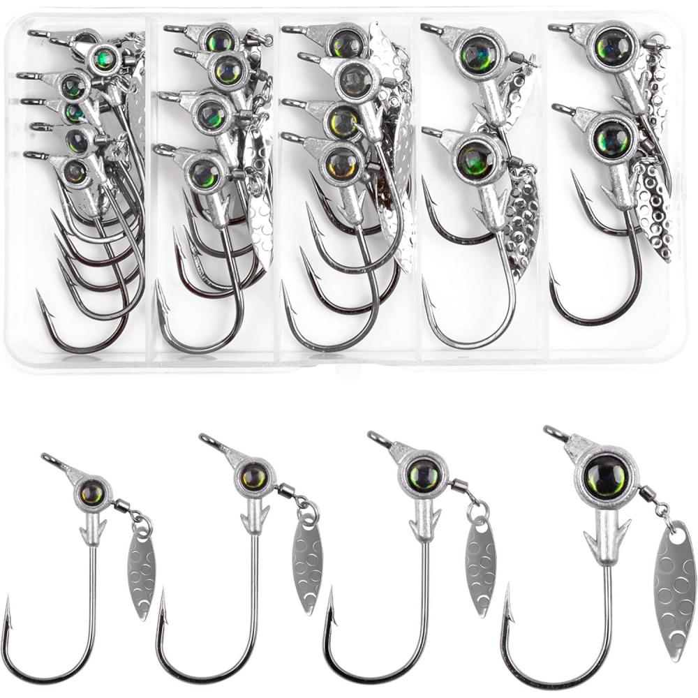 imageOROOTL Jig Heads Fishing Hooks 1020pcs Crappie Jig Heads Underspin Jig Heads with Spinner Blade Freshwater Saltwater Fishing Jigs for Bass Trout Crappie Redfish Fishing 35gMixed20pcs