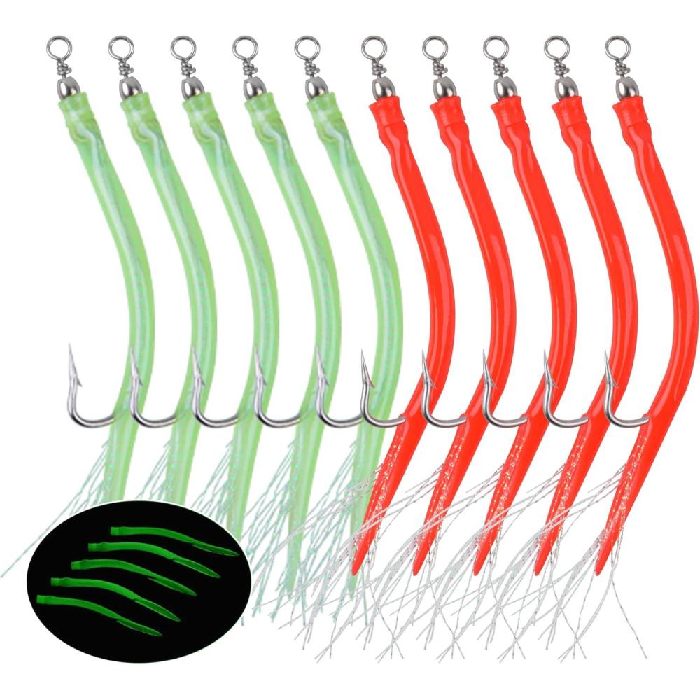 imageOROOTL Striped Bass Tube Lures 10pcs Classic Striped Bass Lures Saltwater Fishing Trolling Lure Rig Glow Tube Teaser with Stainless Steel Hook Barrel Swivel for Offshore Big Game FishingRedGreen