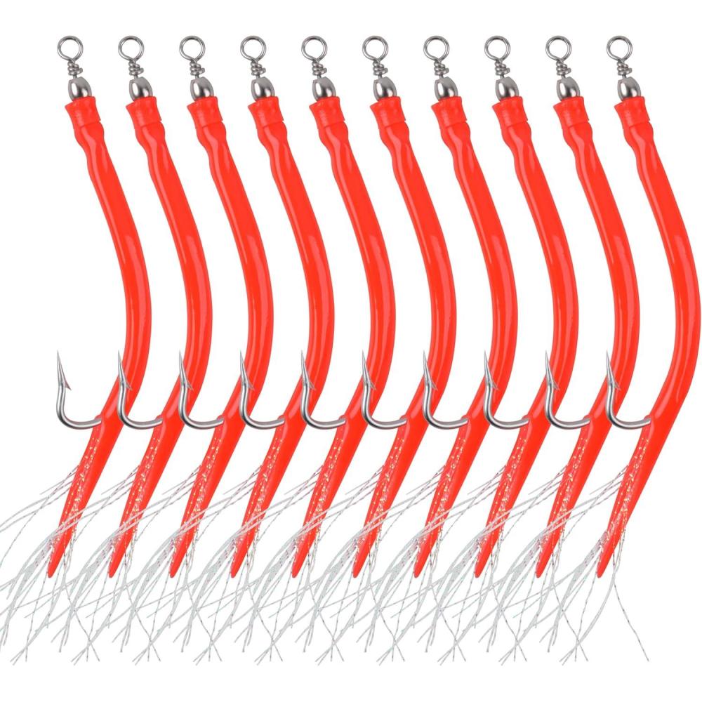 imageOROOTL Striped Bass Tube Lures 10pcs Classic Striped Bass Lures Saltwater Fishing Trolling Lure Rig Glow Tube Teaser with Stainless Steel Hook Barrel Swivel for Offshore Big Game FishingRed