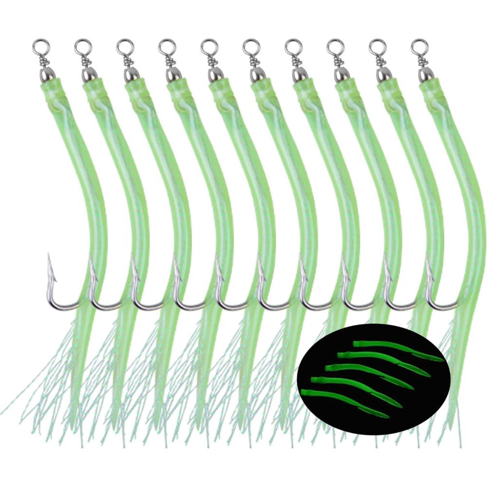 imageOROOTL Striped Bass Tube Lures 10pcs Classic Striped Bass Lures Saltwater Fishing Trolling Lure Rig Glow Tube Teaser with Stainless Steel Hook Barrel Swivel for Offshore Big Game FishingGreenGlow