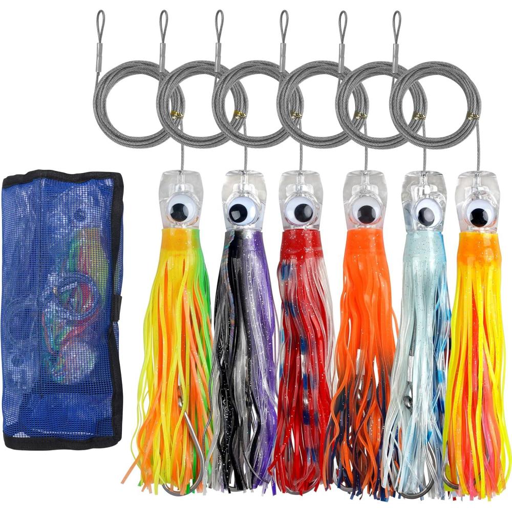 imageSaltwater Fishing Lures 69inch Trolling Lures for Marlin Mahi Tuna Dolphin Shark Big Game Deep Sea Fishing Baits Squid Skirts Rigged Hooks Ocean Gear Tackle6pcs with bag