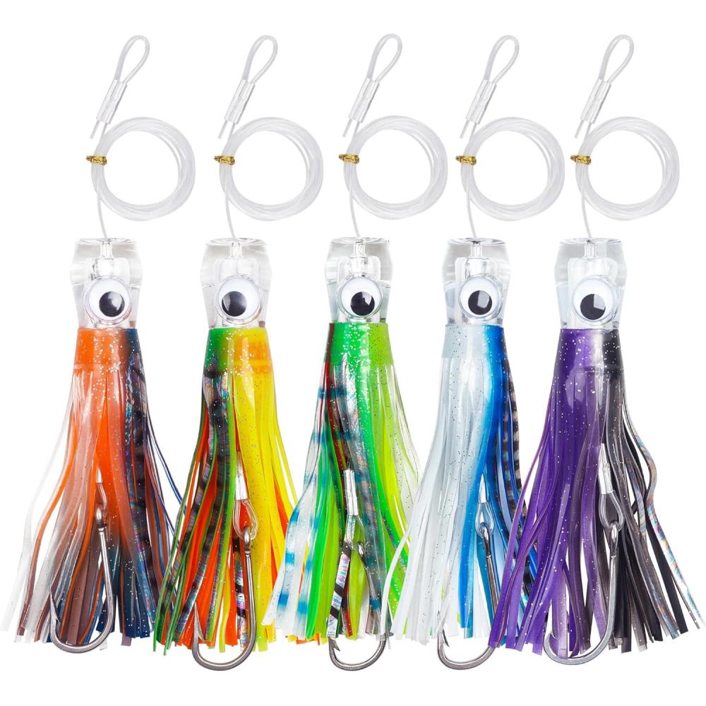 imageSaltwater Fishing Lures 69inch Trolling Lures for Marlin Mahi Tuna Dolphin Shark Big Game Deep Sea Fishing Baits Squid Skirts Rigged Hooks Ocean Gear TackleMix Colors5pcs