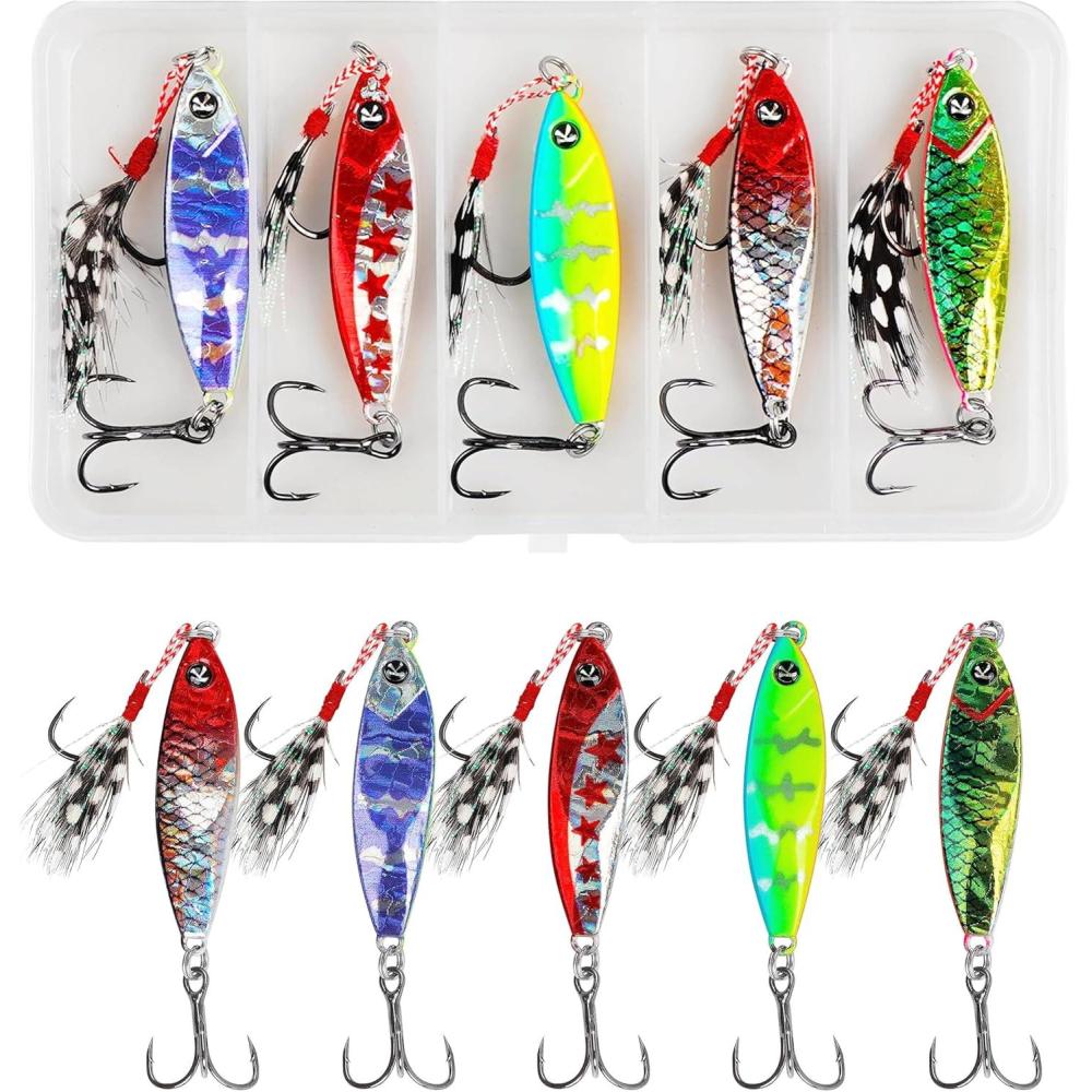 imageSaltwater Jigs Fishing Lures Kit Jigging Spoon Metal Lures Slow Pitch Vertical Jigs with Assist Hooks Inshore Hard Lures Spinners Jigging Blade Bait for Sea Fishing Tuna Salmon Grouper Bass38oz10g5pcs