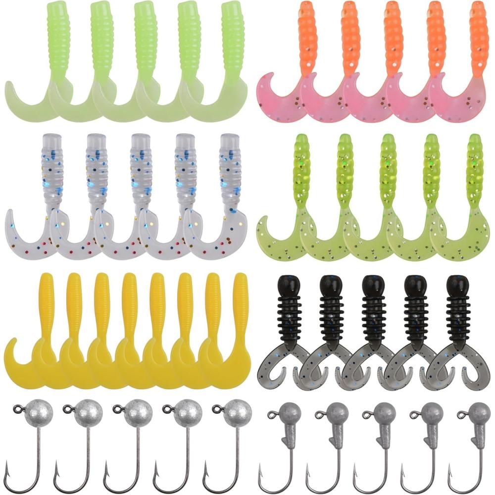 imageSoft Fishing Lures Jig Head Hooks Kit Crappie Jigs Lures Kit Mixed Curly Grub Lures Tube Baits Soft Plastic Swimbaits for Bass Trout Panfish Saltwater Freshwater Fishing48pcs